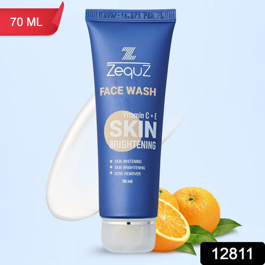 Wukusy Zequz Vitamin C + E Brightening Face Wash in 70ml bottle, showing the clear bottle with bright label and pump dispenser.