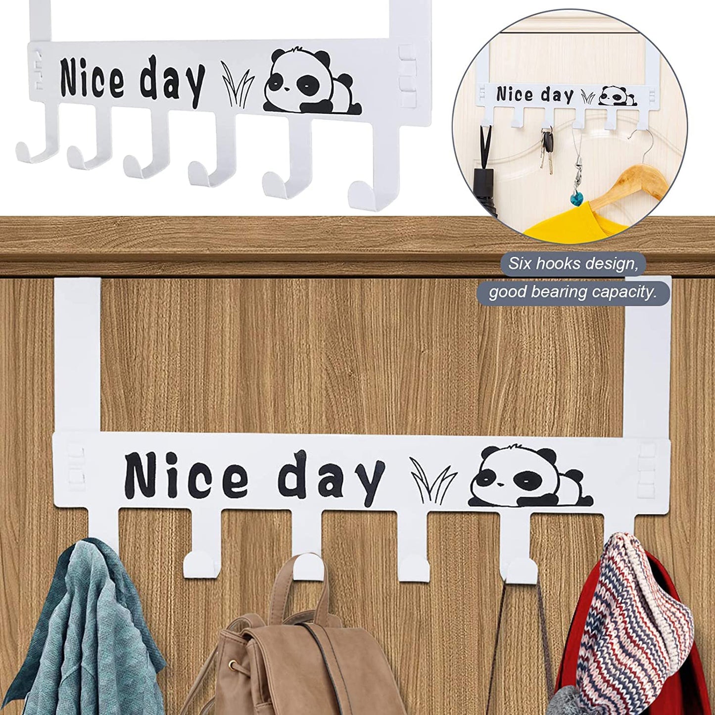 White Wukusy heavy-duty carbon steel door hook hanger rack with six hooks, two-piece home improvement accessory for organization.