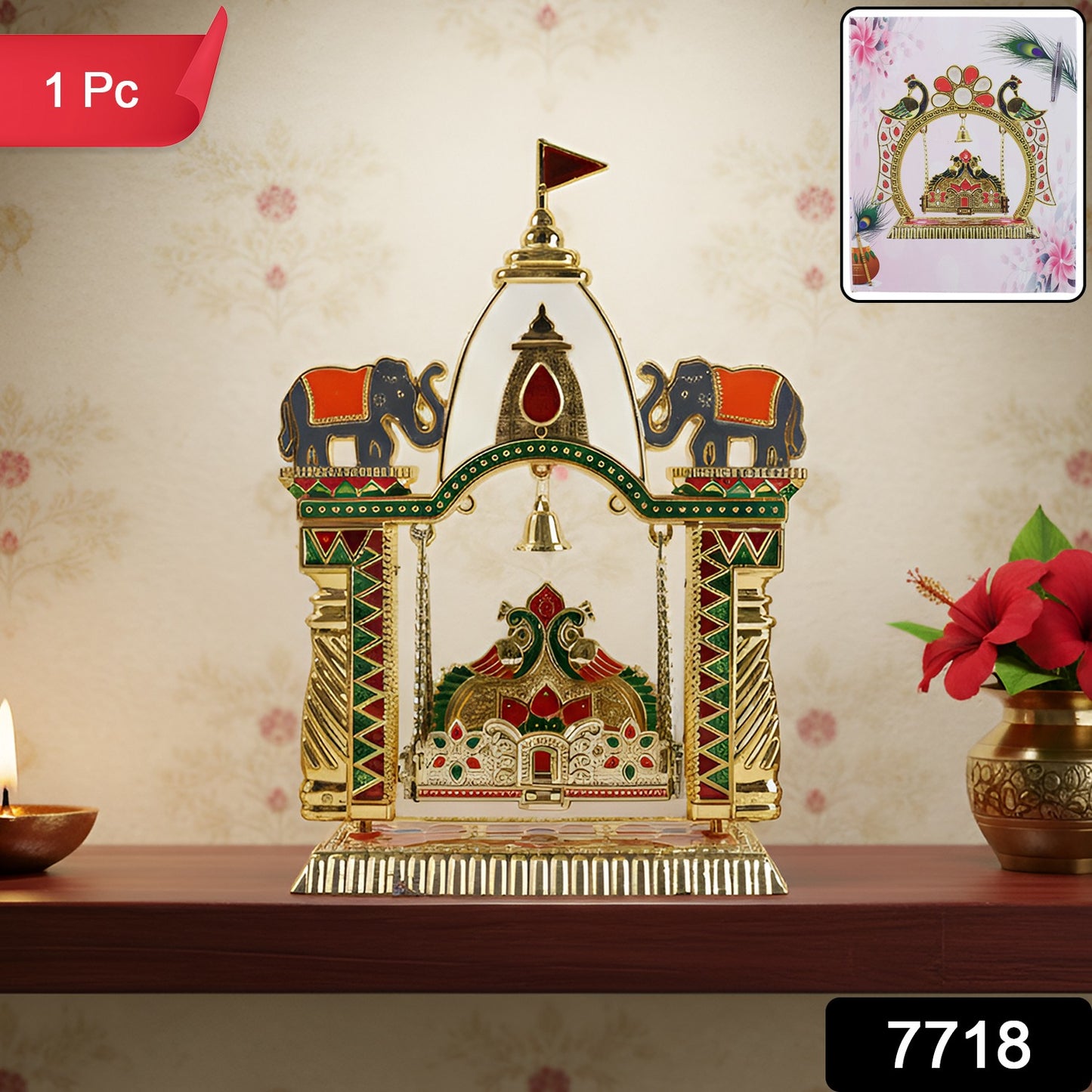 Traditional decorative Pooja Jhula Mandir by Wukusy, featuring carved wooden design and intricate craftsmanship for spiritual worship.
