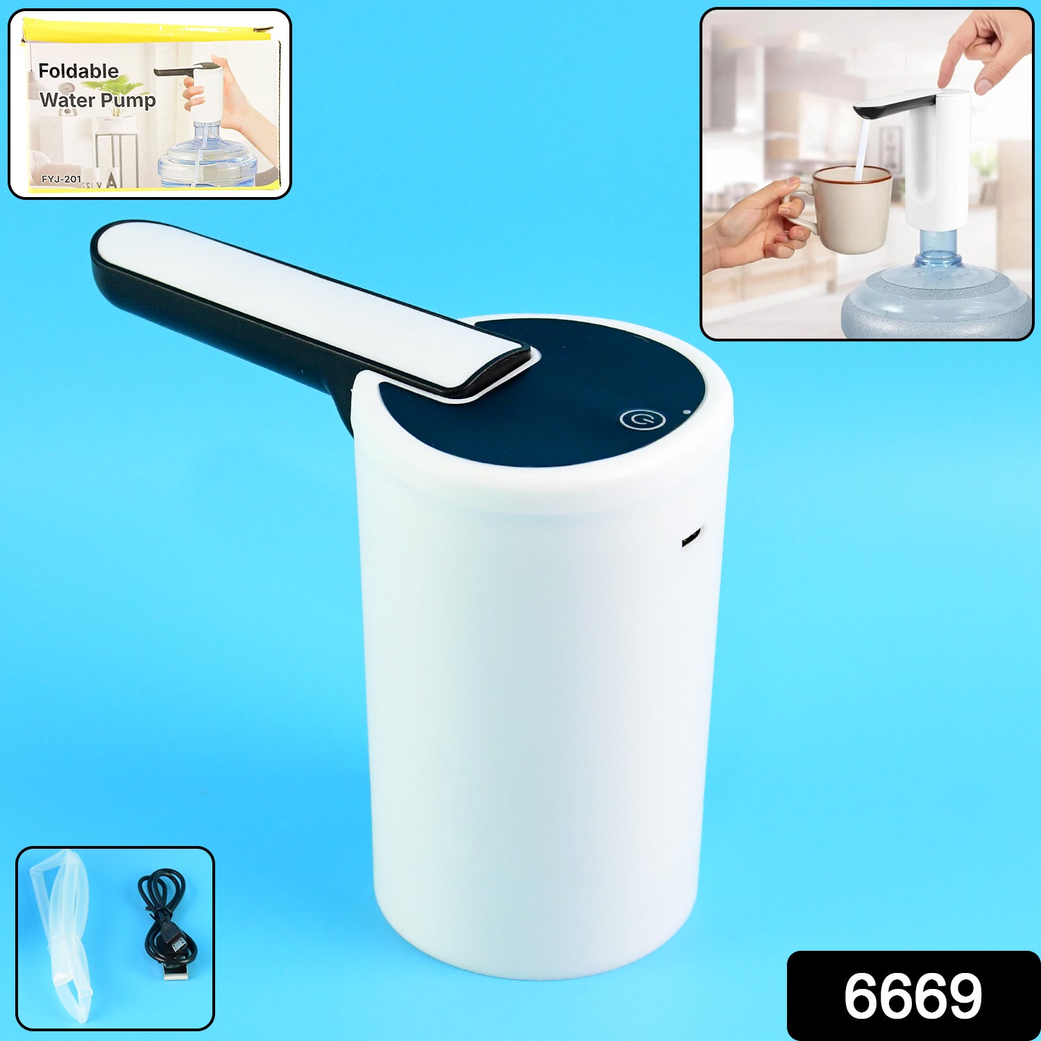 Wukusy electric water dispenser pump for home use, compact and easy to operate, shown attached to a water bottle.