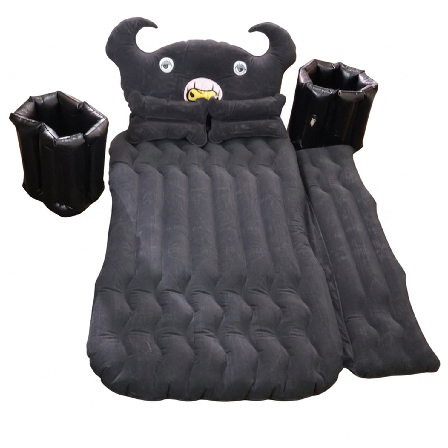 Wukusy car air mattress set with black monster pillow and cushions, suitable for kids and adults, shown inflated inside a vehicle.