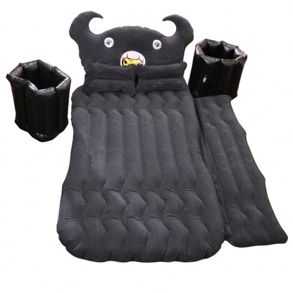 Wukusy car air mattress set with black monster pillow and cushions, suitable for kids and adults, shown inflated inside a vehicle.