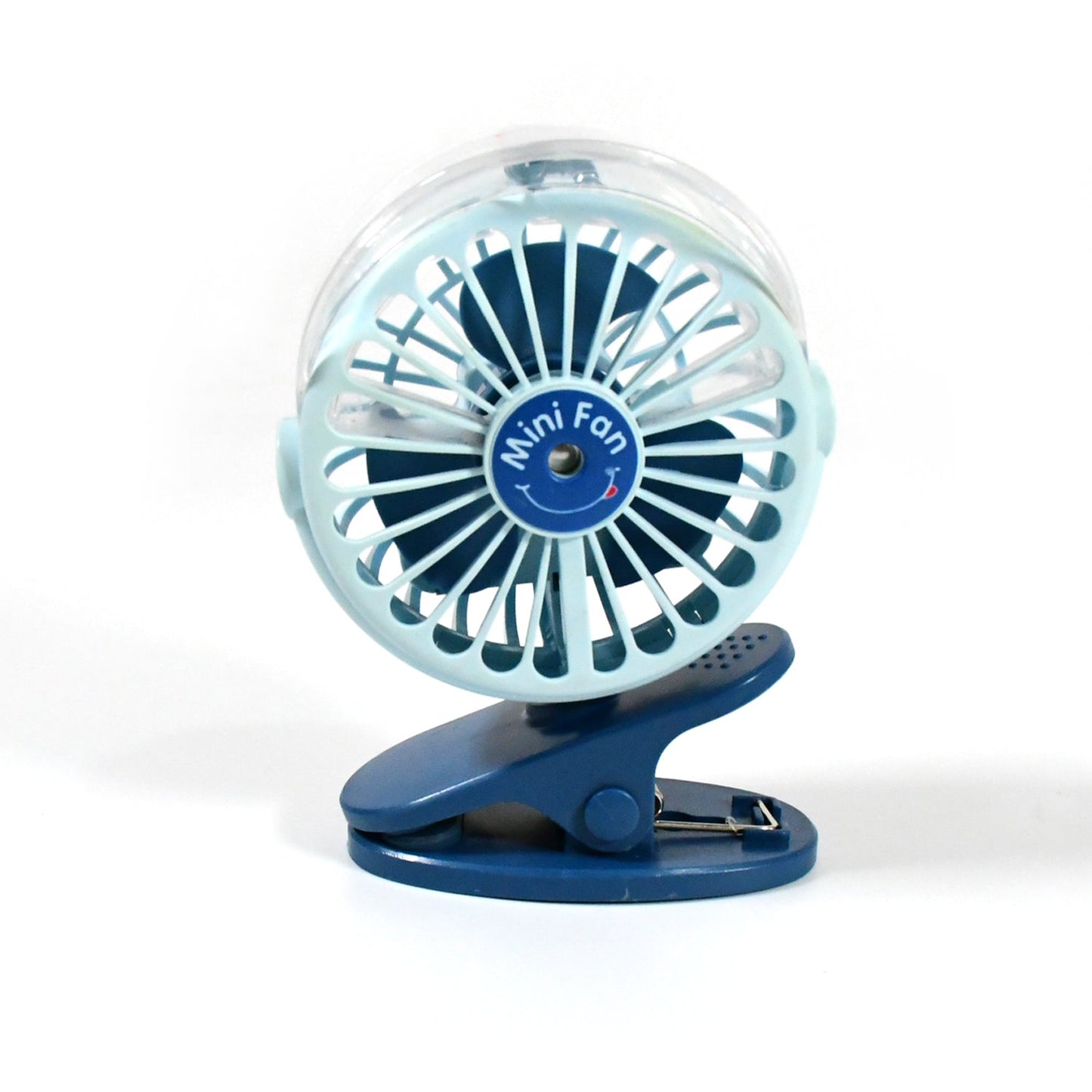 Wukusy portable clip-on USB fan with light, 3-speed settings, rechargeable battery, 360° rotation, ideal for home, office, or camping