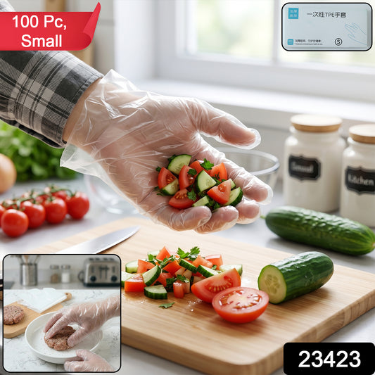 Pair of disposable small plastic gloves by Wukusy for kitchen food handling and cleaning, shown in a close-up image