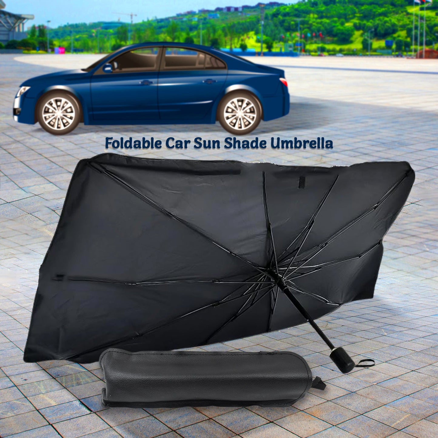Wukusy windshield umbrella sun shade cover for car, folded and partially opened to block sunlight and reduce interior heat.