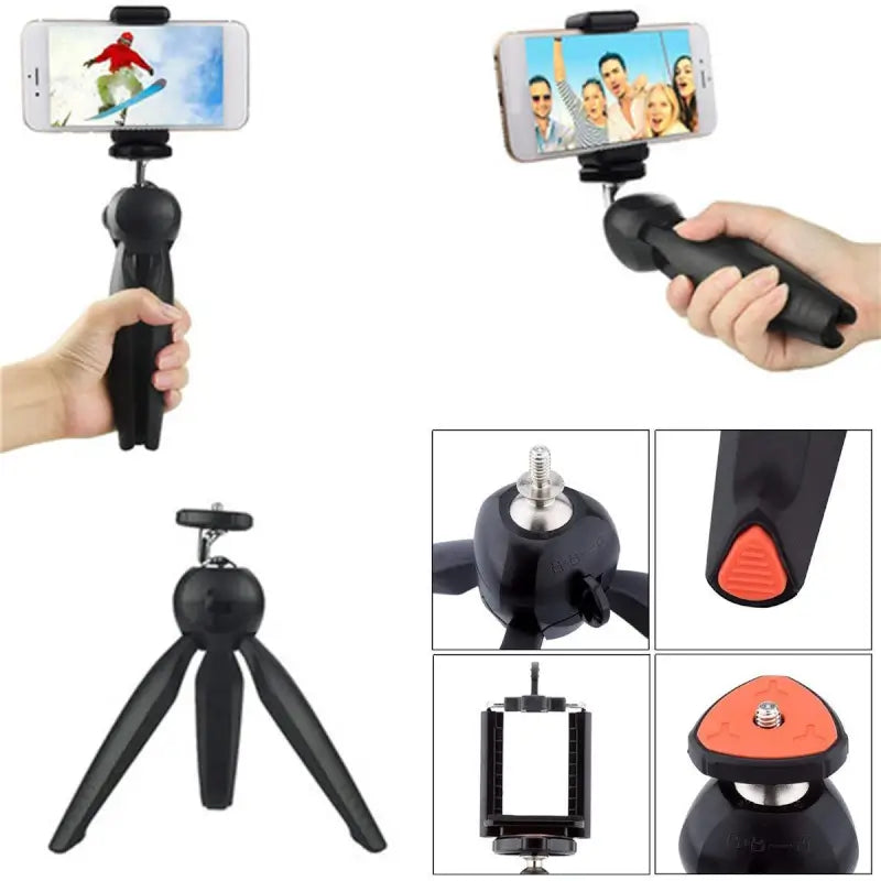 Ekom universal mini tripod gimbal for smartphones and cameras, compact, lightweight, and adjustable for stable shots.
