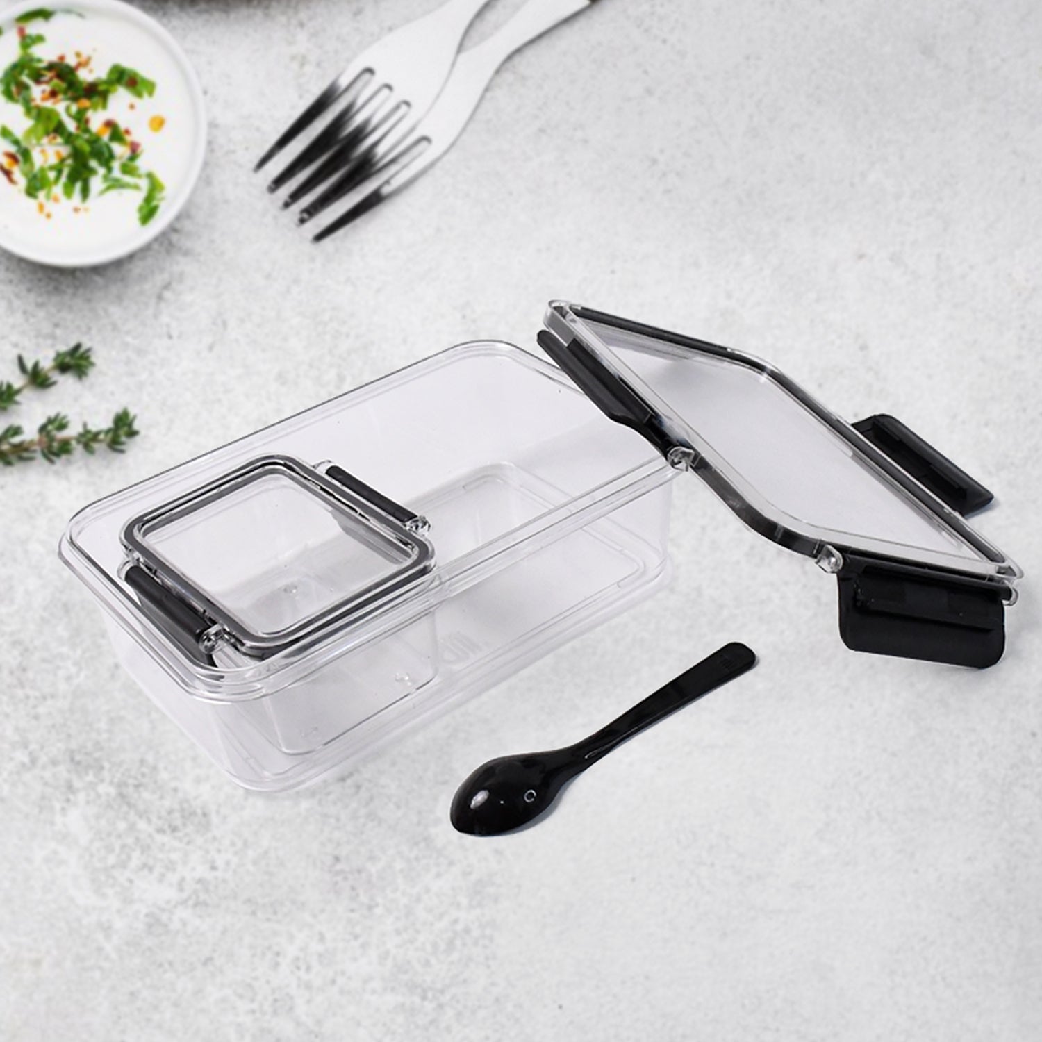 Wukusy plastic kitchen storage containers with air seal lock lids, 800ml big and 250ml small sizes with a spoon included.