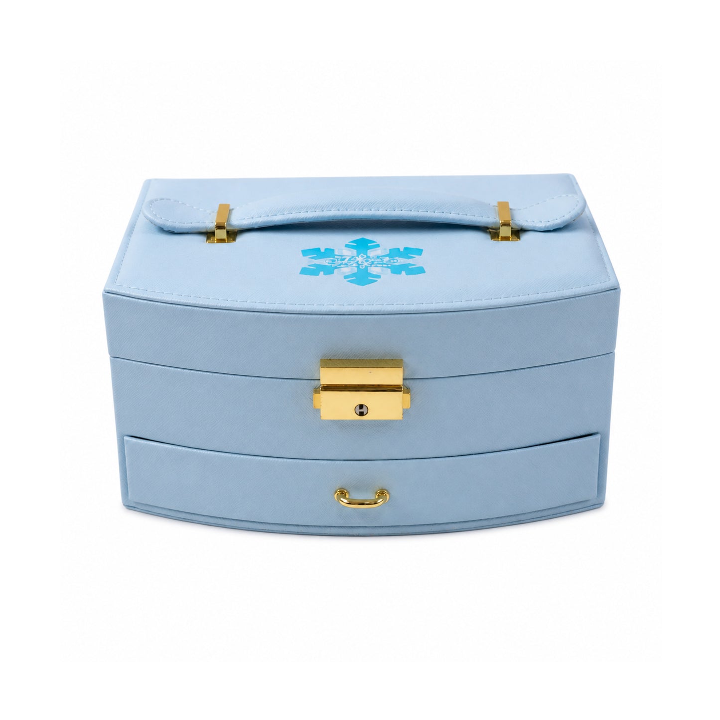 Wukusy premium multi-layer jewelry storage box with mirror, showing compartments for rings, necklaces, and earrings.