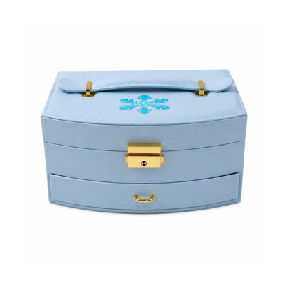 Wukusy premium multi-layer jewelry storage box with mirror, showing compartments for rings, necklaces, and earrings.