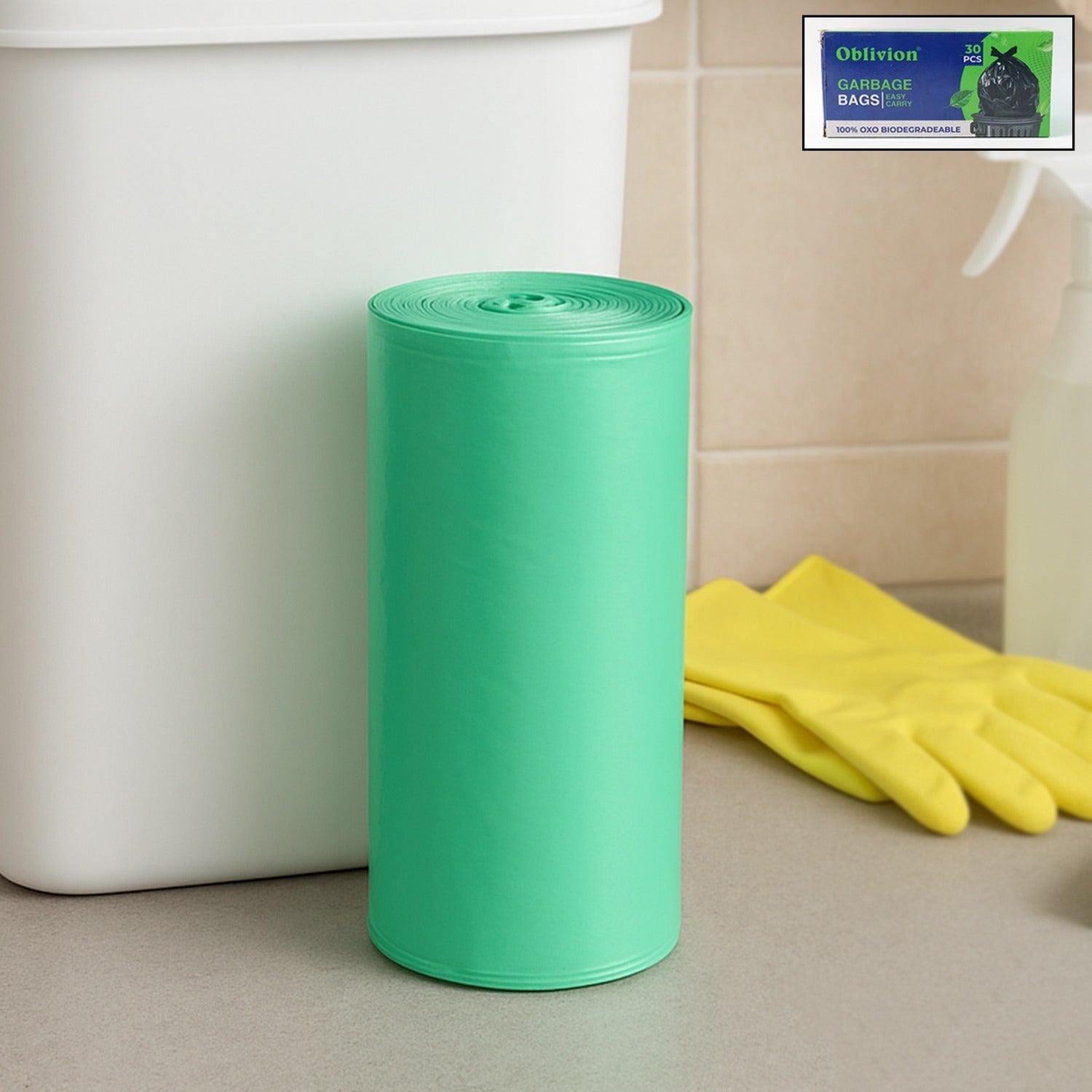 Green biodegradable trash bags from Wukusy, eco-friendly garbage bag rolls, suitable for home waste disposal, 19x21 inches.