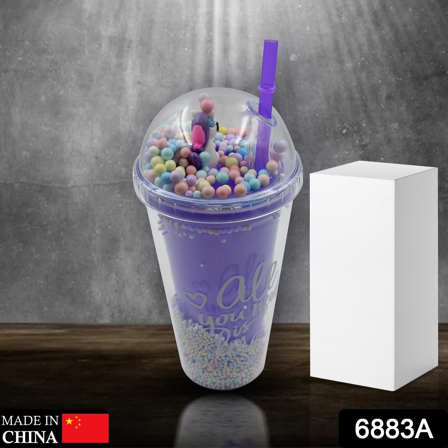 Wukusy 6883a design printed sipper bottle with toy LED glow light, double wall glass water bottle with straw for kids and girls.