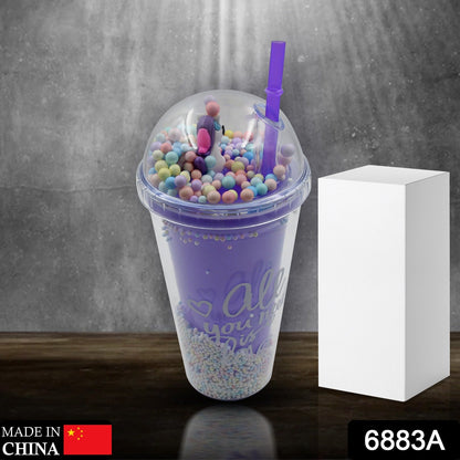 Wukusy 6883a design printed sipper bottle with toy LED glow light, double wall glass water bottle with straw for kids and girls.