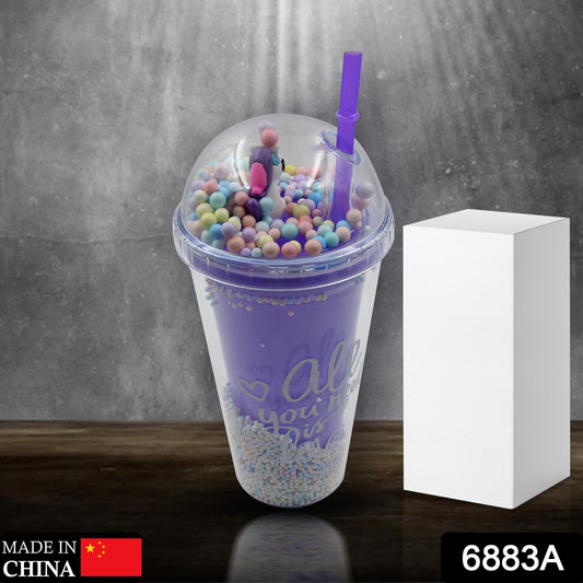 Wukusy 6883a design printed sipper bottle with toy LED glow light, double wall glass water bottle with straw for kids and girls.