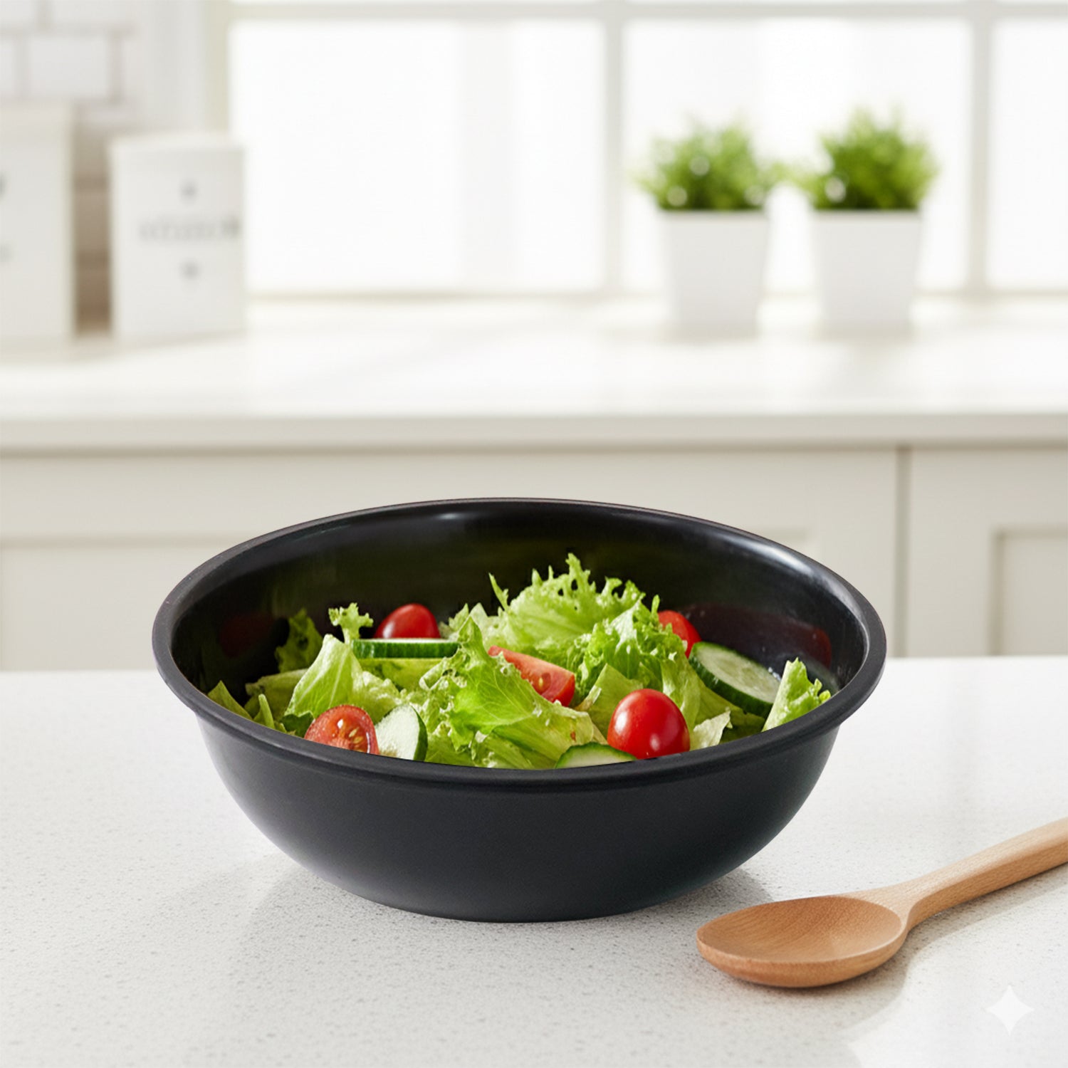 Plastic 6-inch black round deep serving bowl by Wukusy, perfect for serving salads, pasta, or snacks in the kitchen.