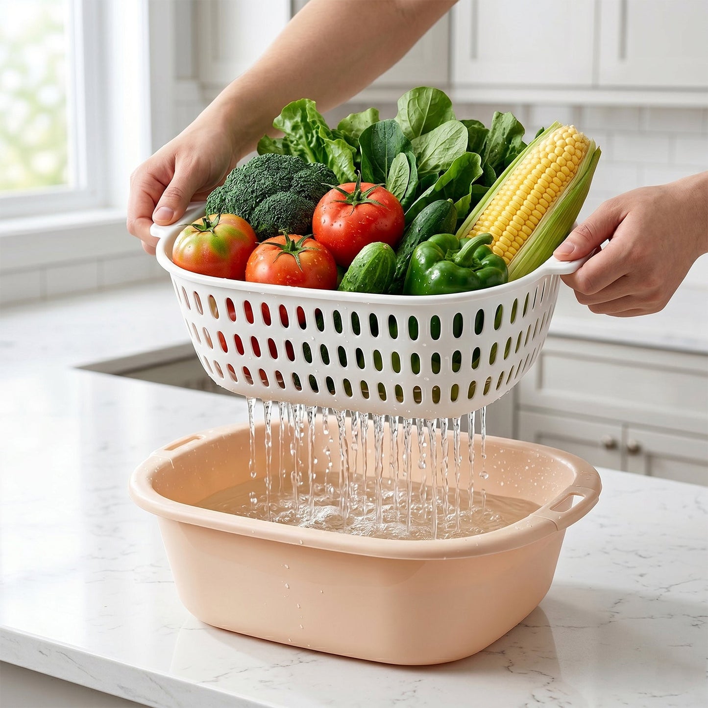 Wukusy 2-in-1 plastic double drain basket and colander set, washing bowls with strainer for rinsing and draining food.