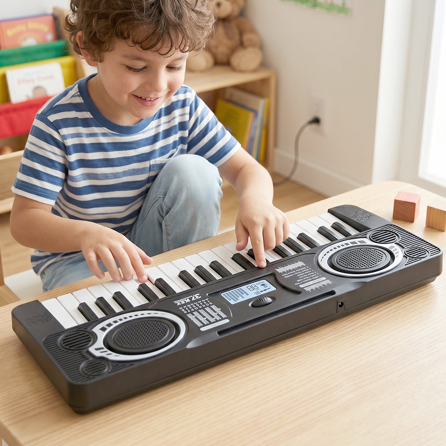 Wukusy electronic musical keyboard toy for kids with colorful keys and multiple sound options, mini piano for children.