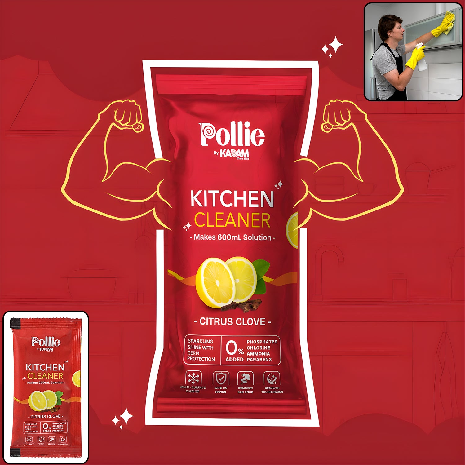 Wukusy Pollic Kadam concentrated kitchen surface cleaner sachet for home use, designed for effective kitchen cleaning.