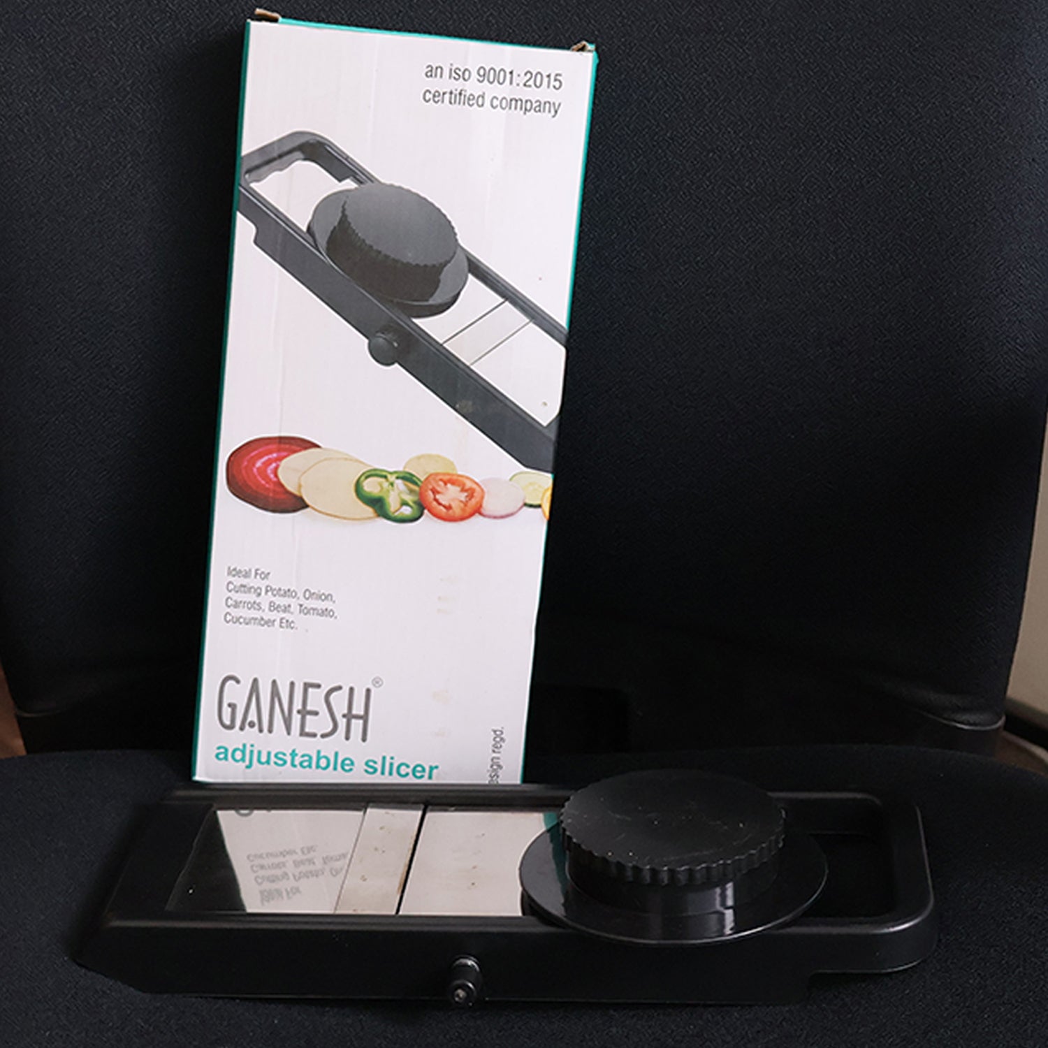 Wukusy premium adjustable vegetable and fruit slicer with sharp stainless steel blades on a kitchen countertop.