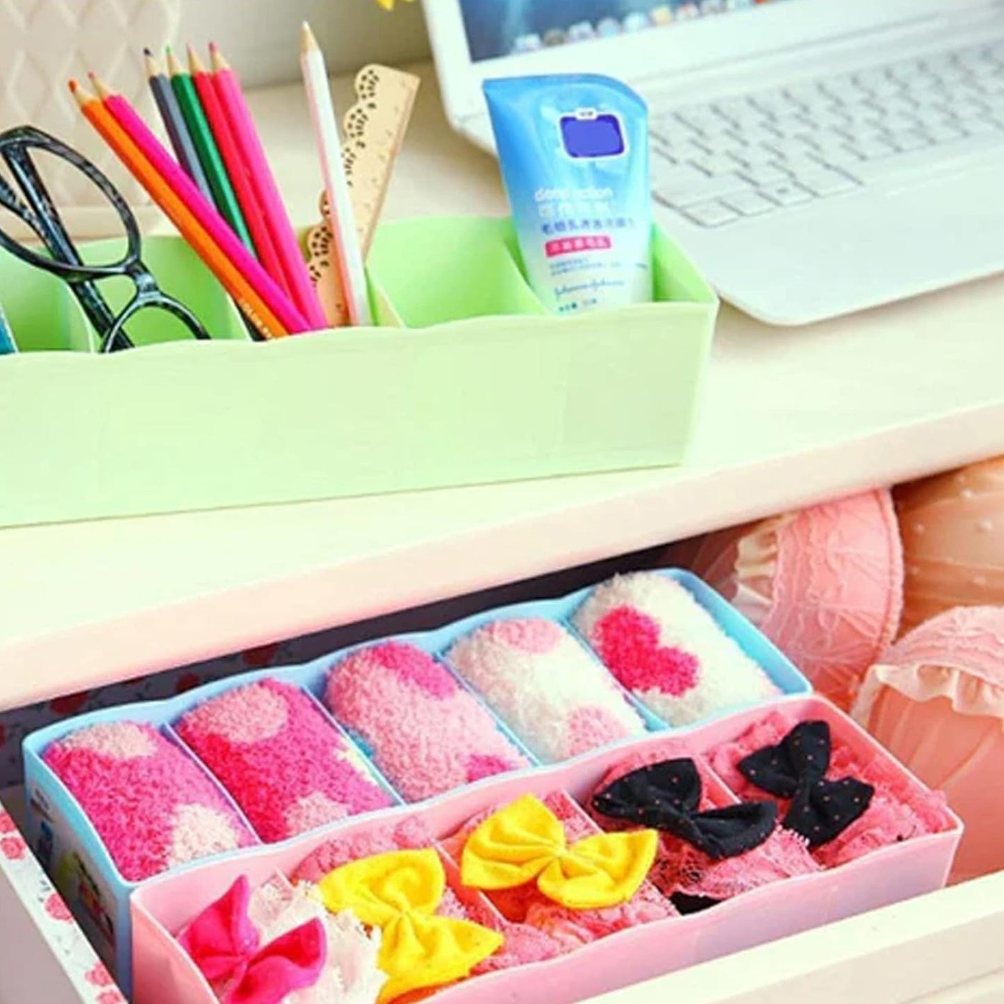 Wukusy multi-function desktop drawer storage box set with five grid compartments for organizing underwear, socks, ties, and clothing accessories.