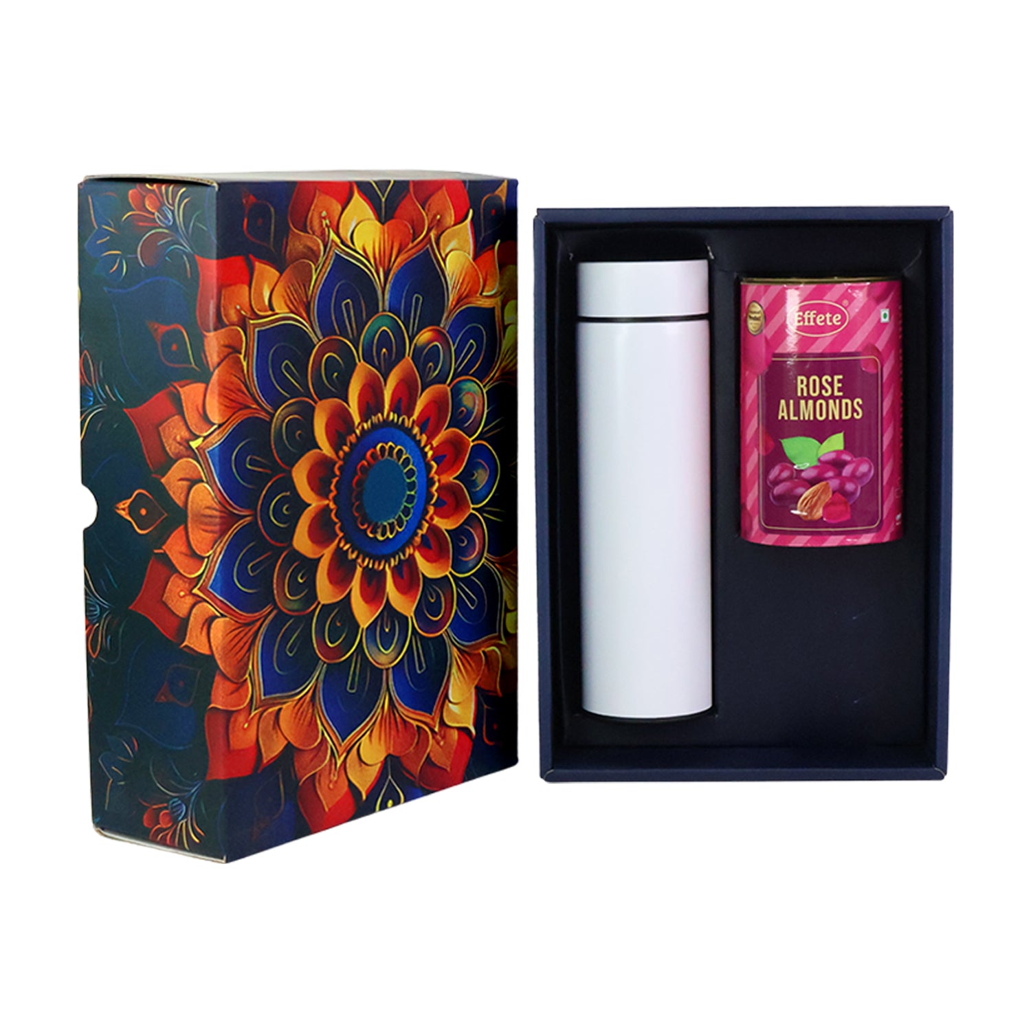 Wukusy Effete Rose Almonds Gift Hamper with a golden box and a bottle, part of a 2-piece home and kitchen set.