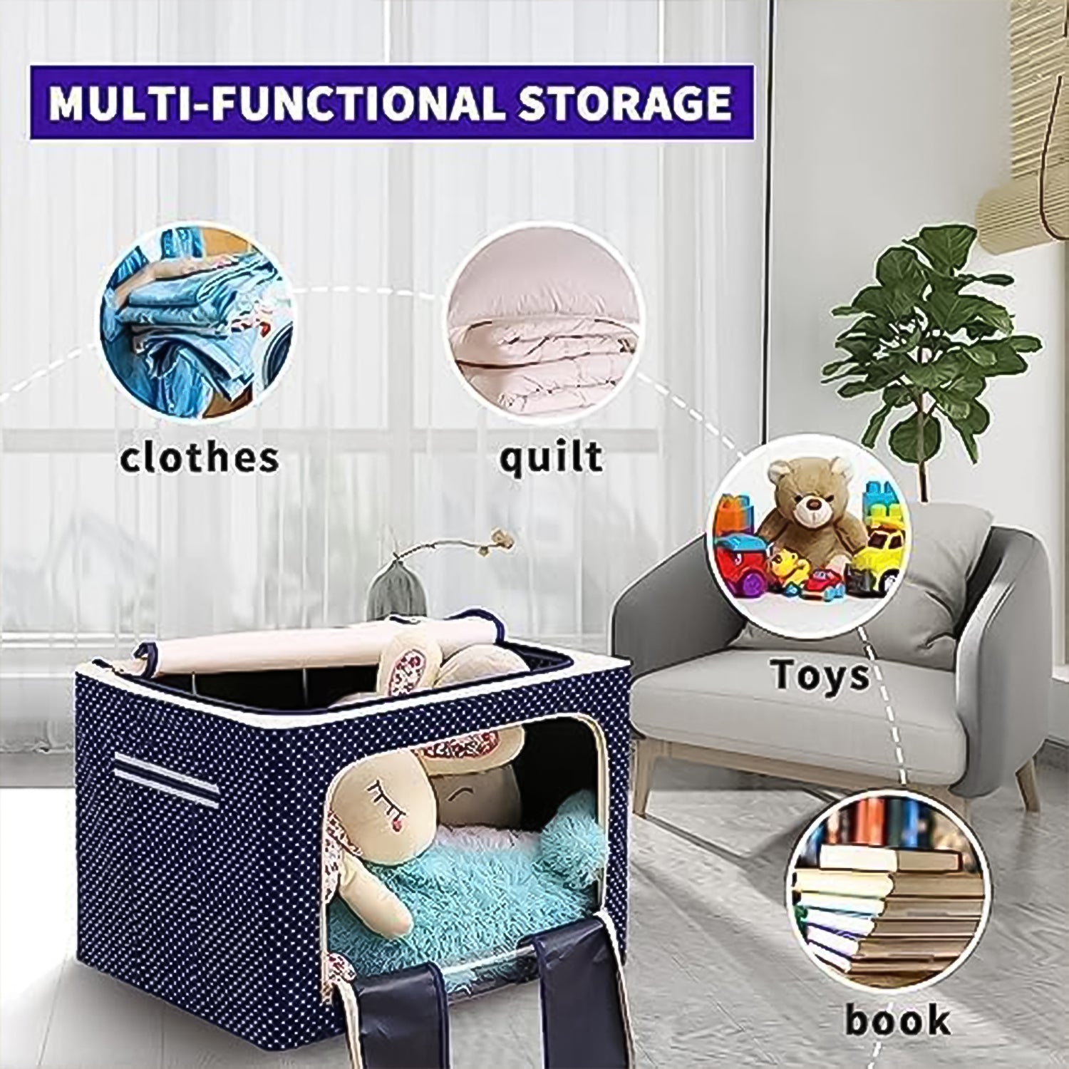 Foldable steel-frame clothes storage box in gray with handle, measuring 50x40 cm, designed for organized home storage.