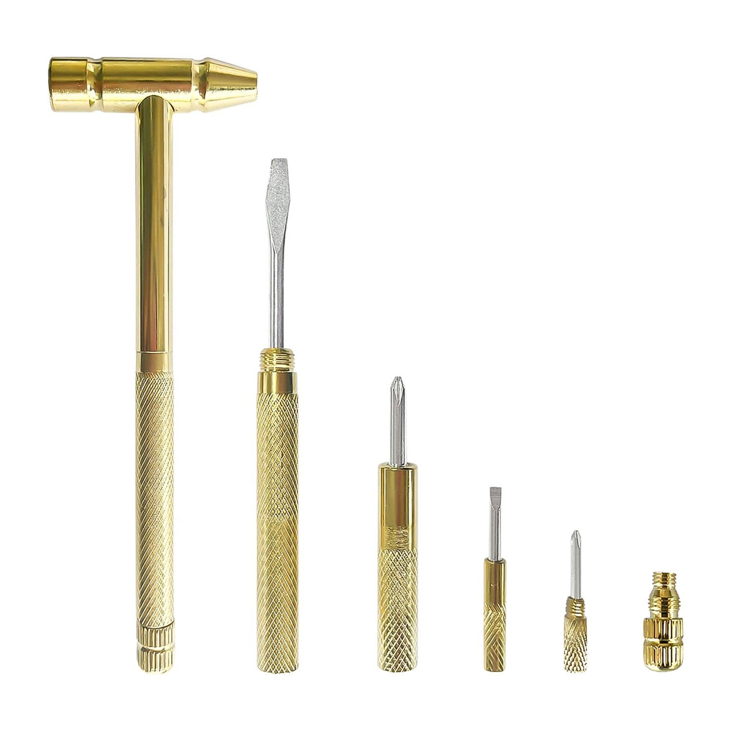 Wukusy 5-in-1 small hammer tool with interchangeable screwdriver heads, compact and versatile for household and DIY tasks.