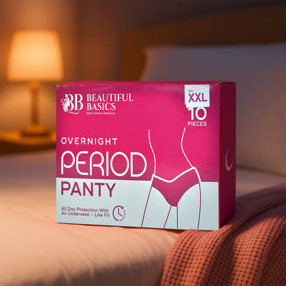 Wukusy Beautiful Basics overnight period panties in XXL size, 10-piece pack, soft and comfortable health care underwear for overnight wear.