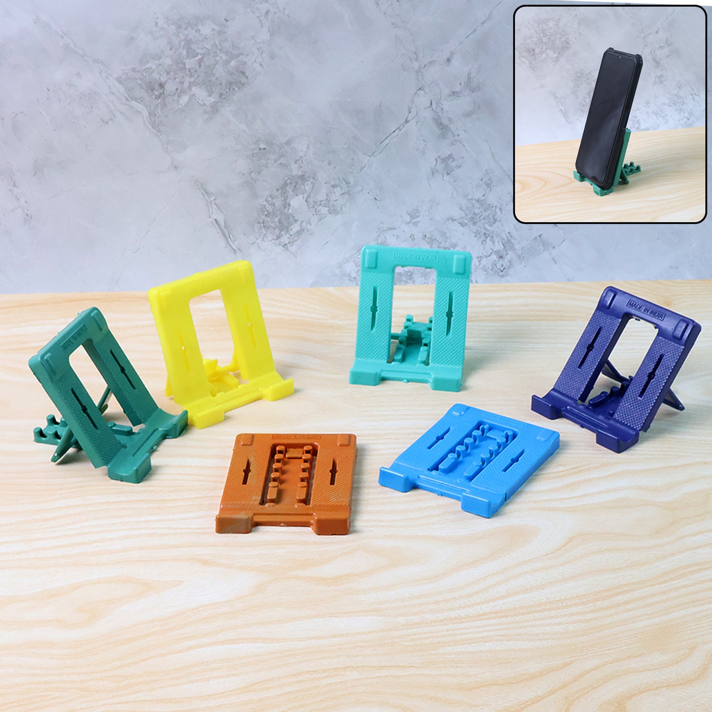 Wukusy 610 adjustable 4-step foldable mobile stand holder for smartphones, shown in open position on a flat surface.
