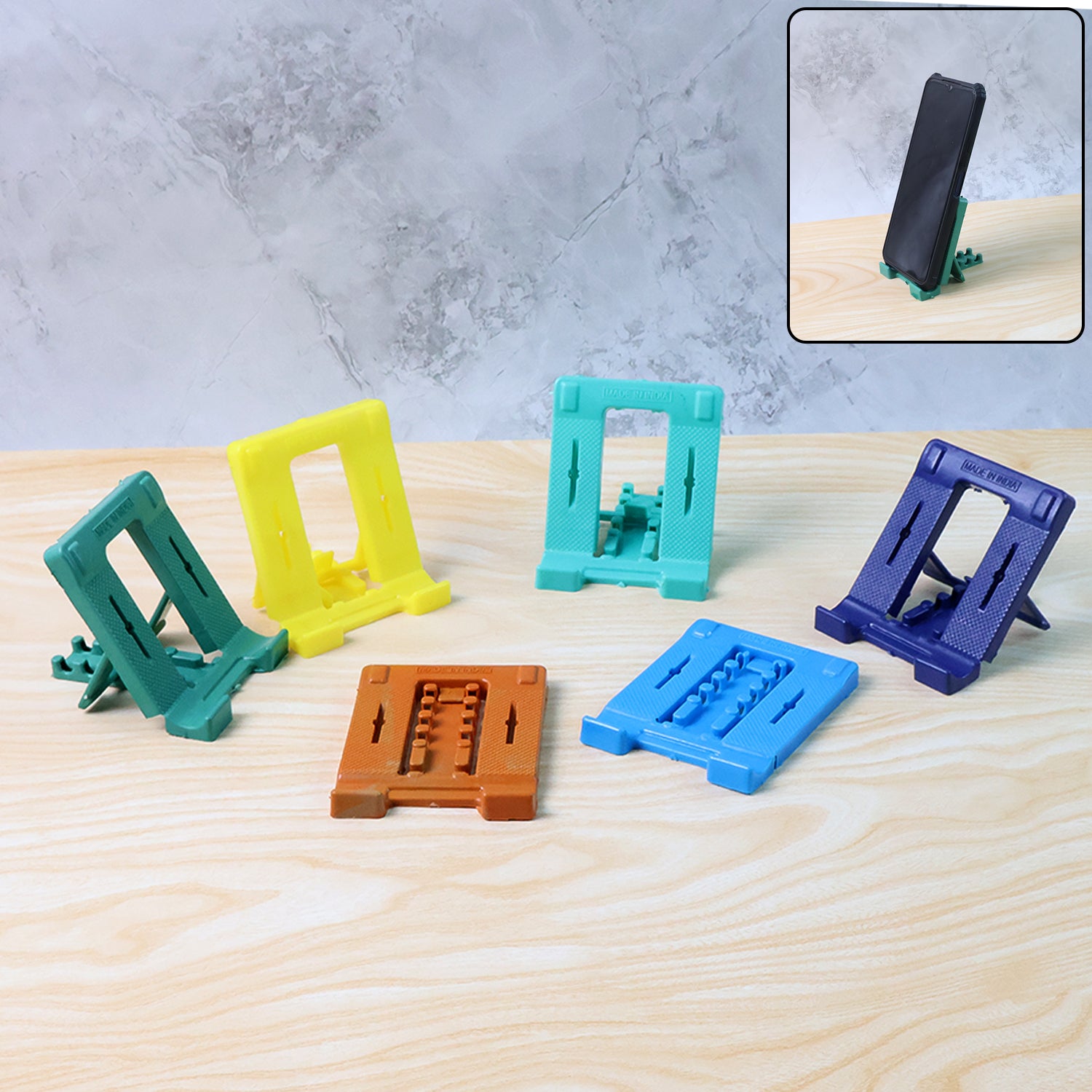 Wukusy 610 adjustable 4-step foldable mobile stand holder for smartphones, shown in open position on a flat surface.