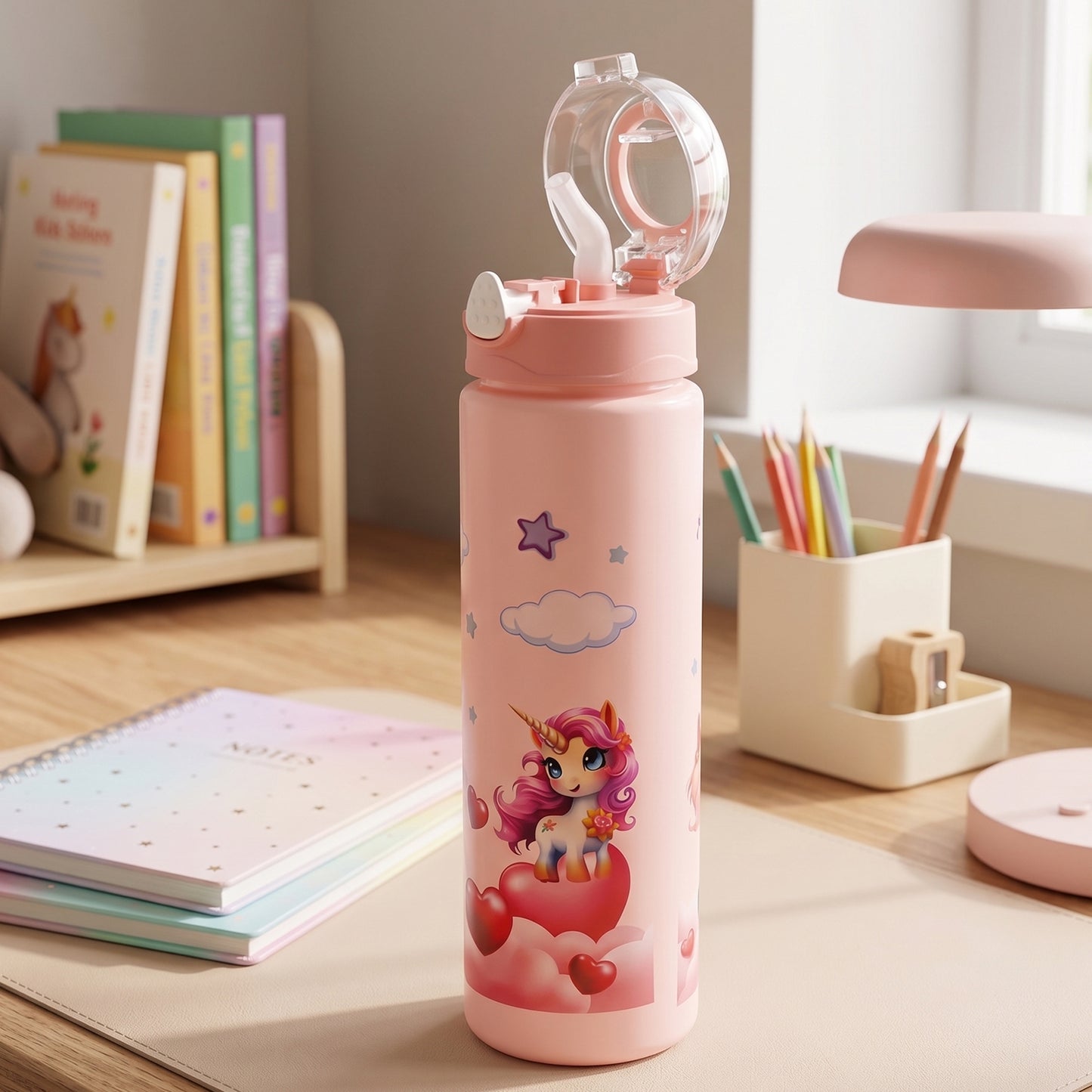 Wukusy cute cartoon printed kids water bottle with flip top lid and straw, 500 ml capacity, colorful and child-friendly design