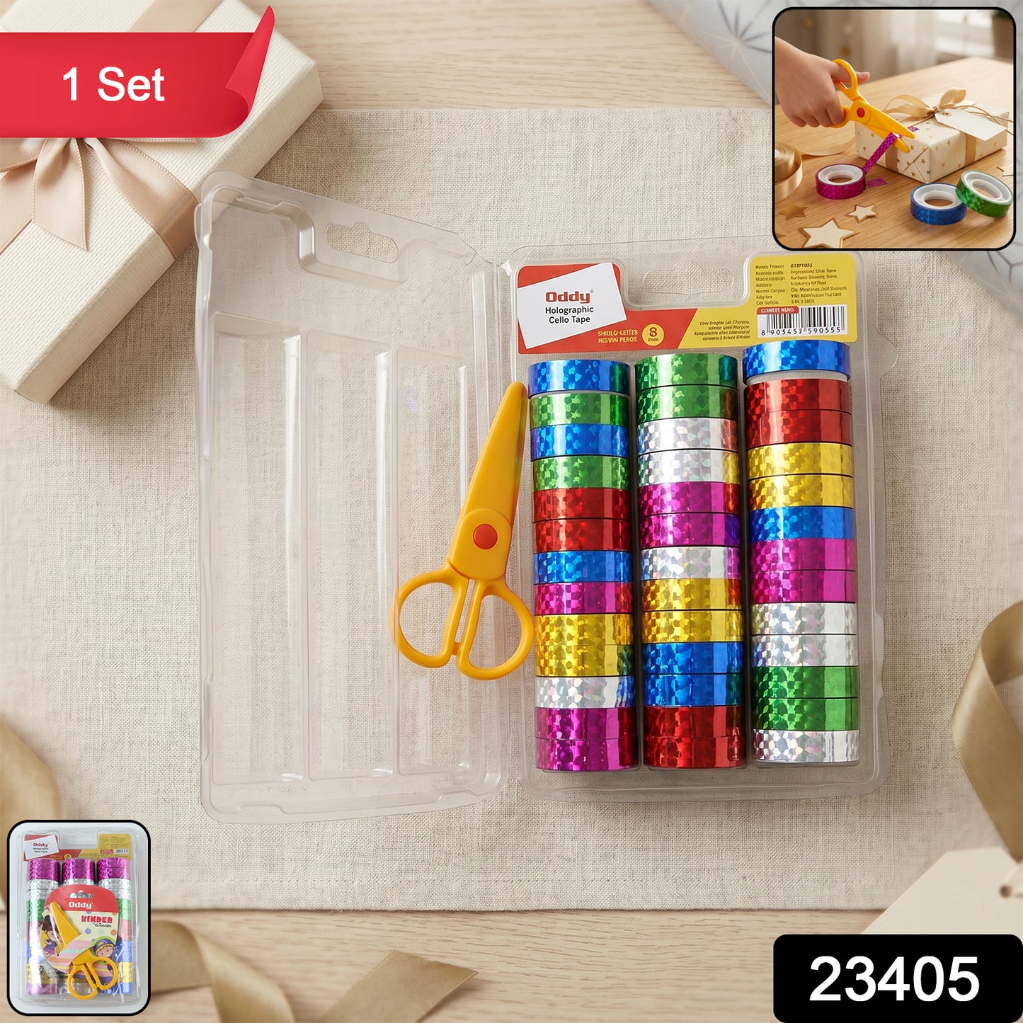 Wukusy holographic decorative tape set with 39 colorful rolls and scissors for craft and gift wrapping projects.