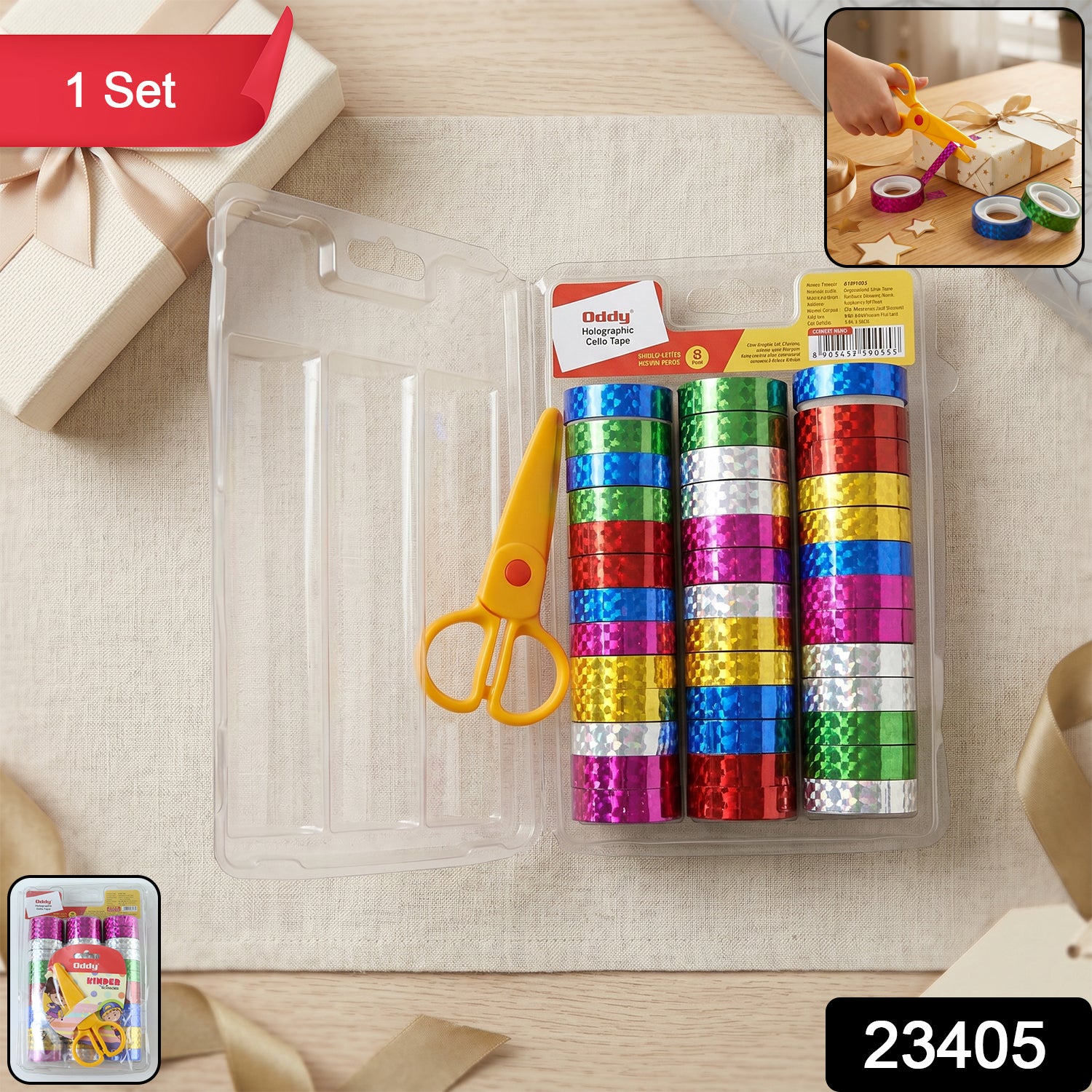 Wukusy holographic decorative tape set with 39 colorful rolls and scissors for craft and gift wrapping projects.