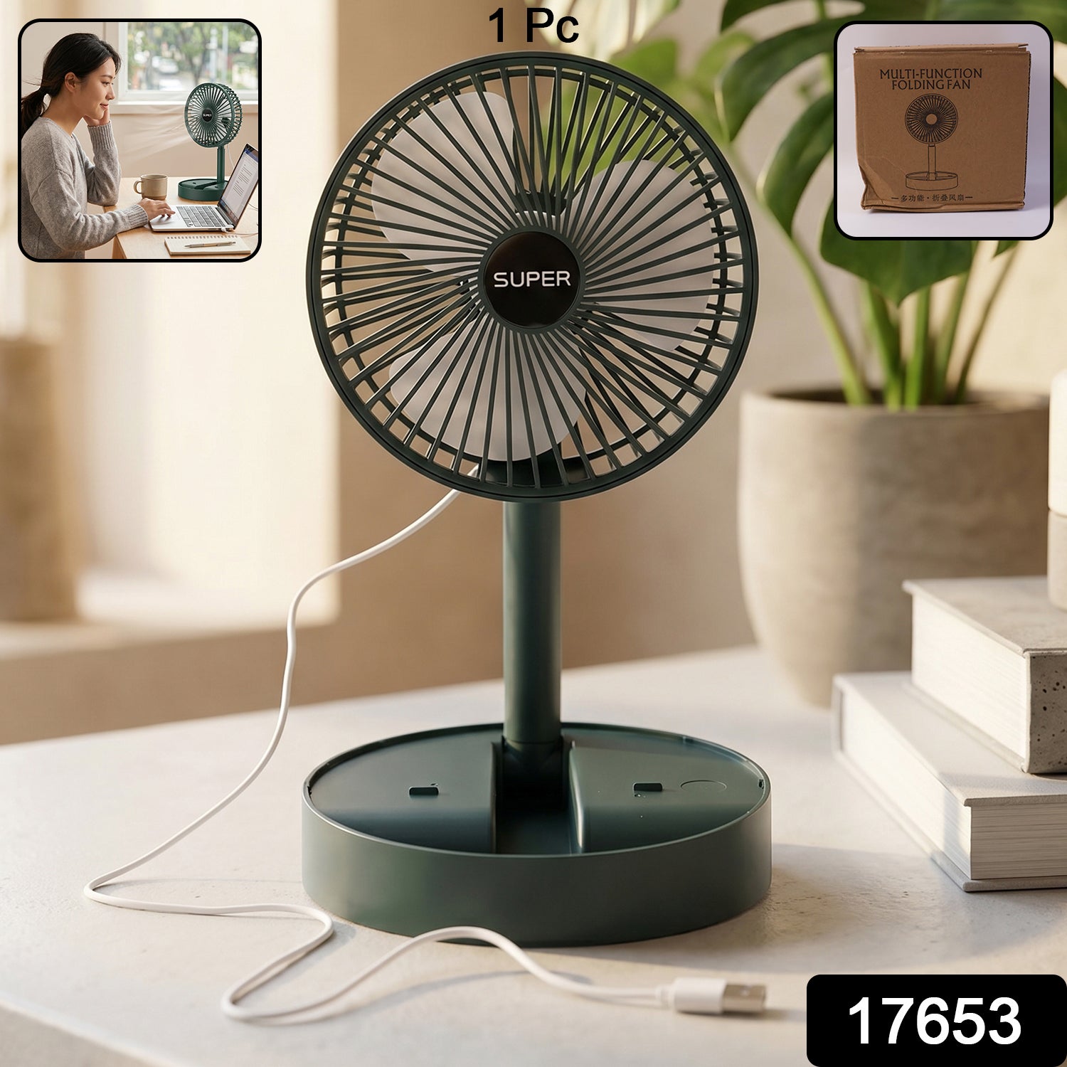 Wukusy USB table fan with adjustable stand, portable desk cooling fan for office use, compact and lightweight.