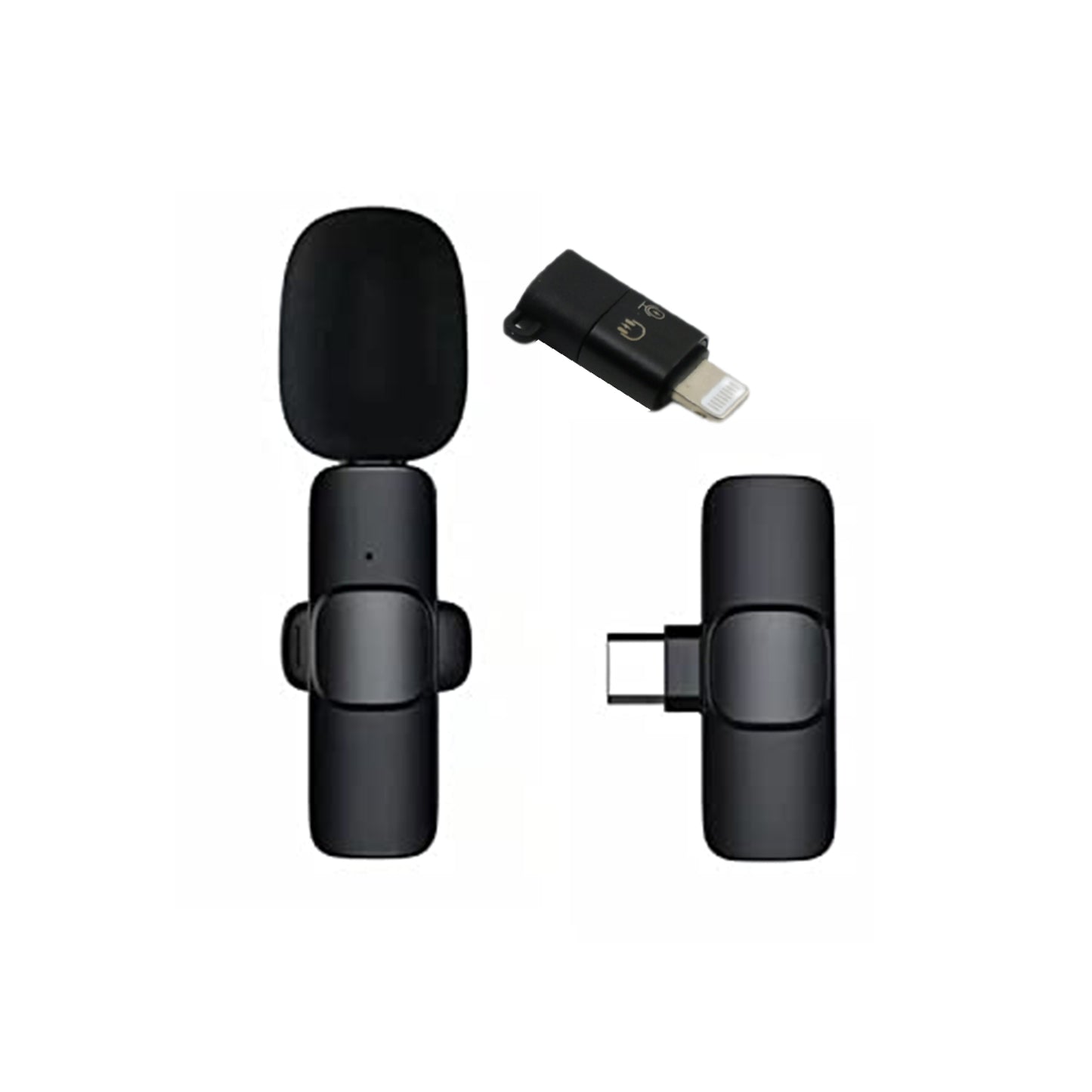Wukusy wireless clip-on microphone with noise-canceling for iPhone and Type-C devices, featuring a compact design and charging port.