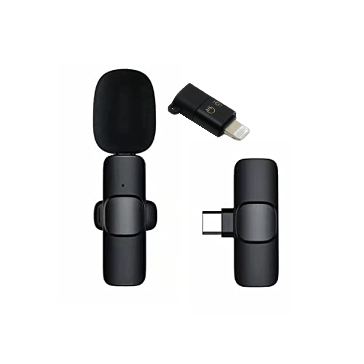 Wukusy wireless clip-on microphone with noise-canceling for iPhone and Type-C devices, featuring a compact design and charging port.