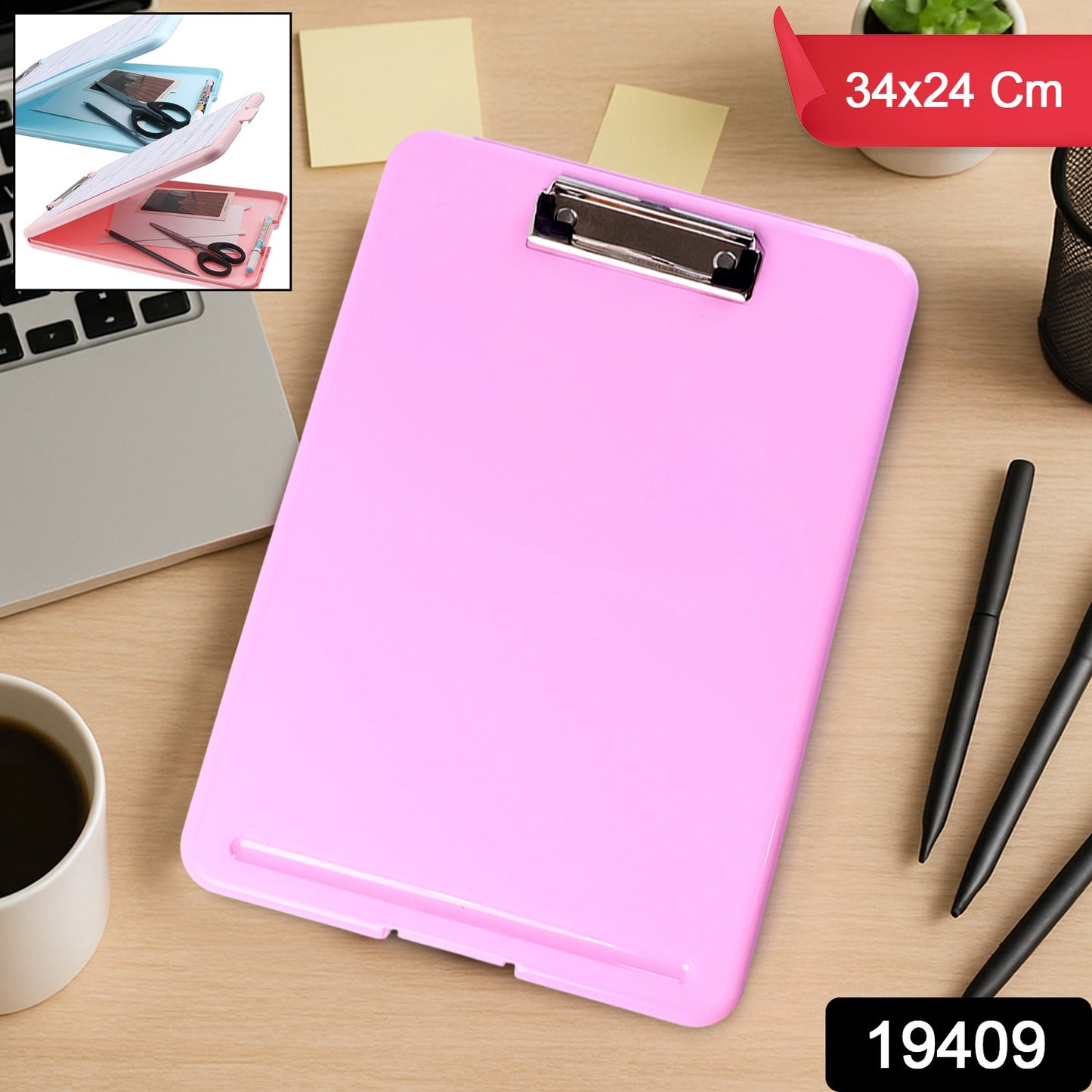 A4 size hard plastic clipboard file folder in blue with metal clip, ideal for office use, branded Wukusy.