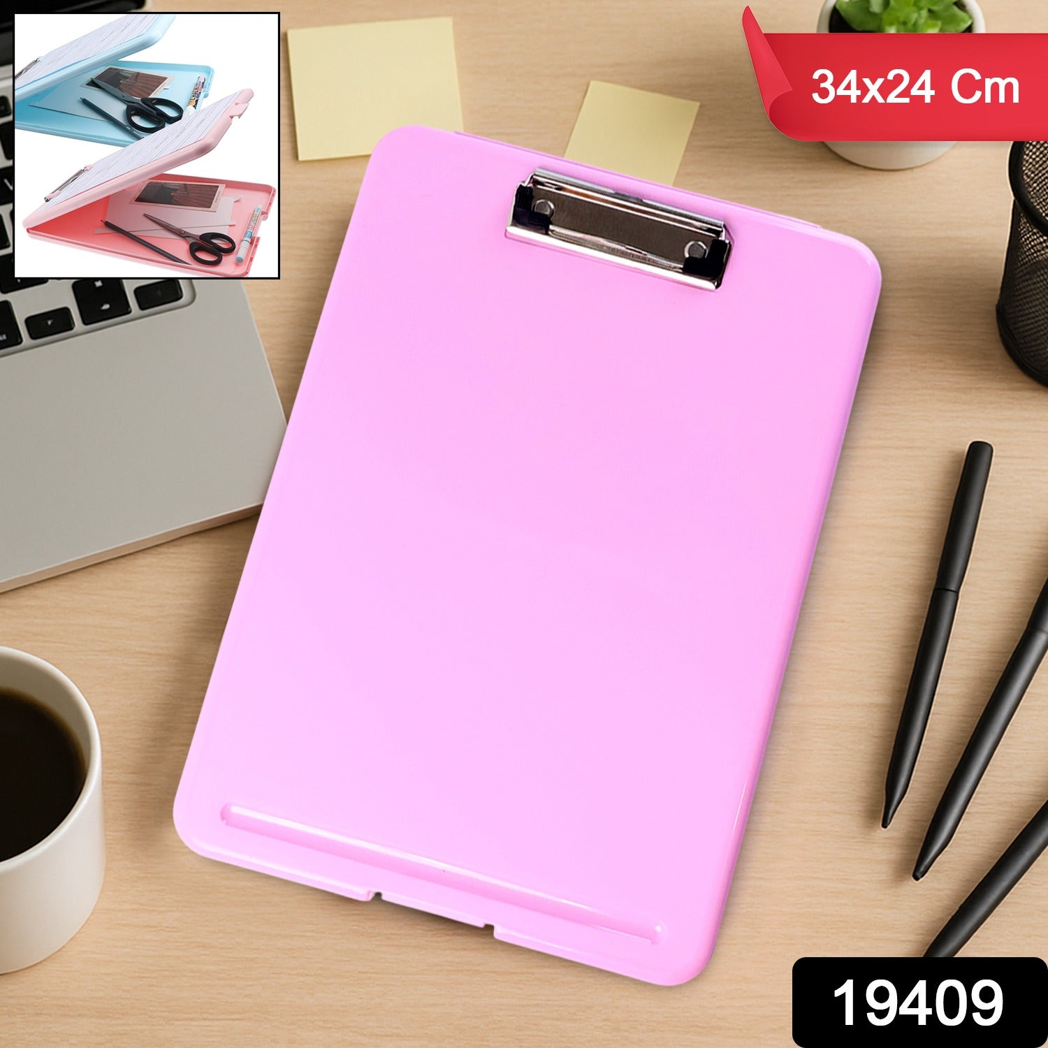 A4 size hard plastic clipboard file folder in blue with metal clip, ideal for office use, branded Wukusy.