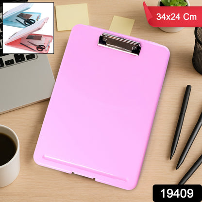 A4 size hard plastic clipboard file folder in blue with metal clip, ideal for office use, branded Wukusy.