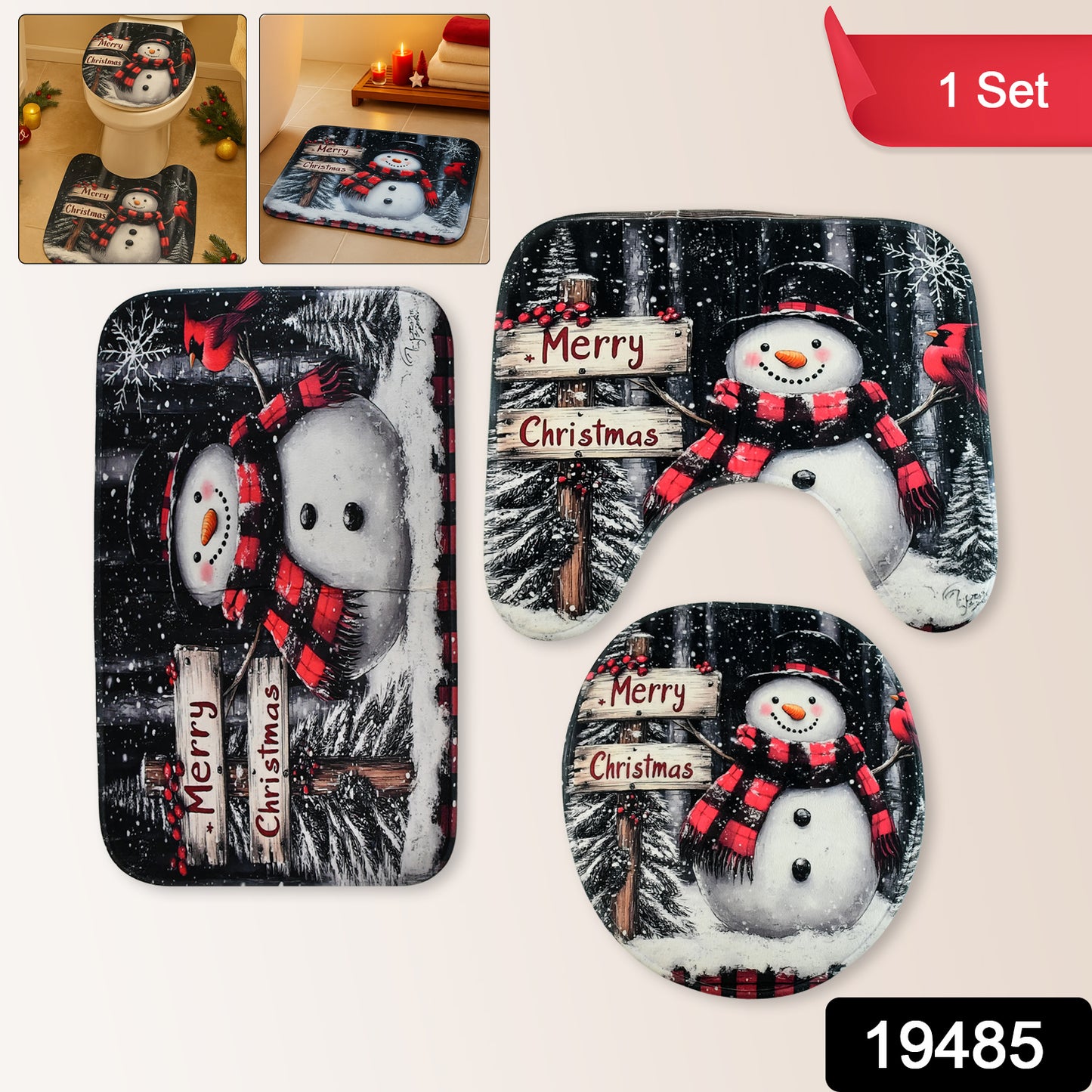 Wukusy 3-in-1 Christmas-themed bathroom mat set with festive patterns, soft fabric, and non-slip backing for holiday home decor.