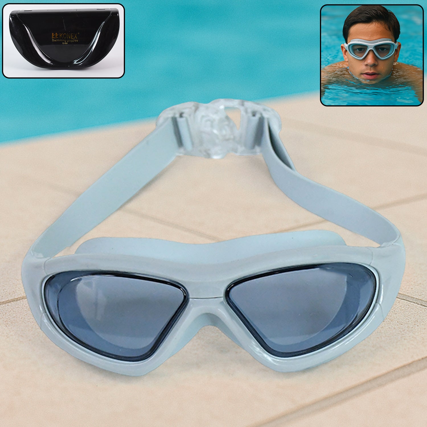 Wukusy premium wide vision swimming goggles with clear lenses and adjustable straps, placed inside a protective hard case.
