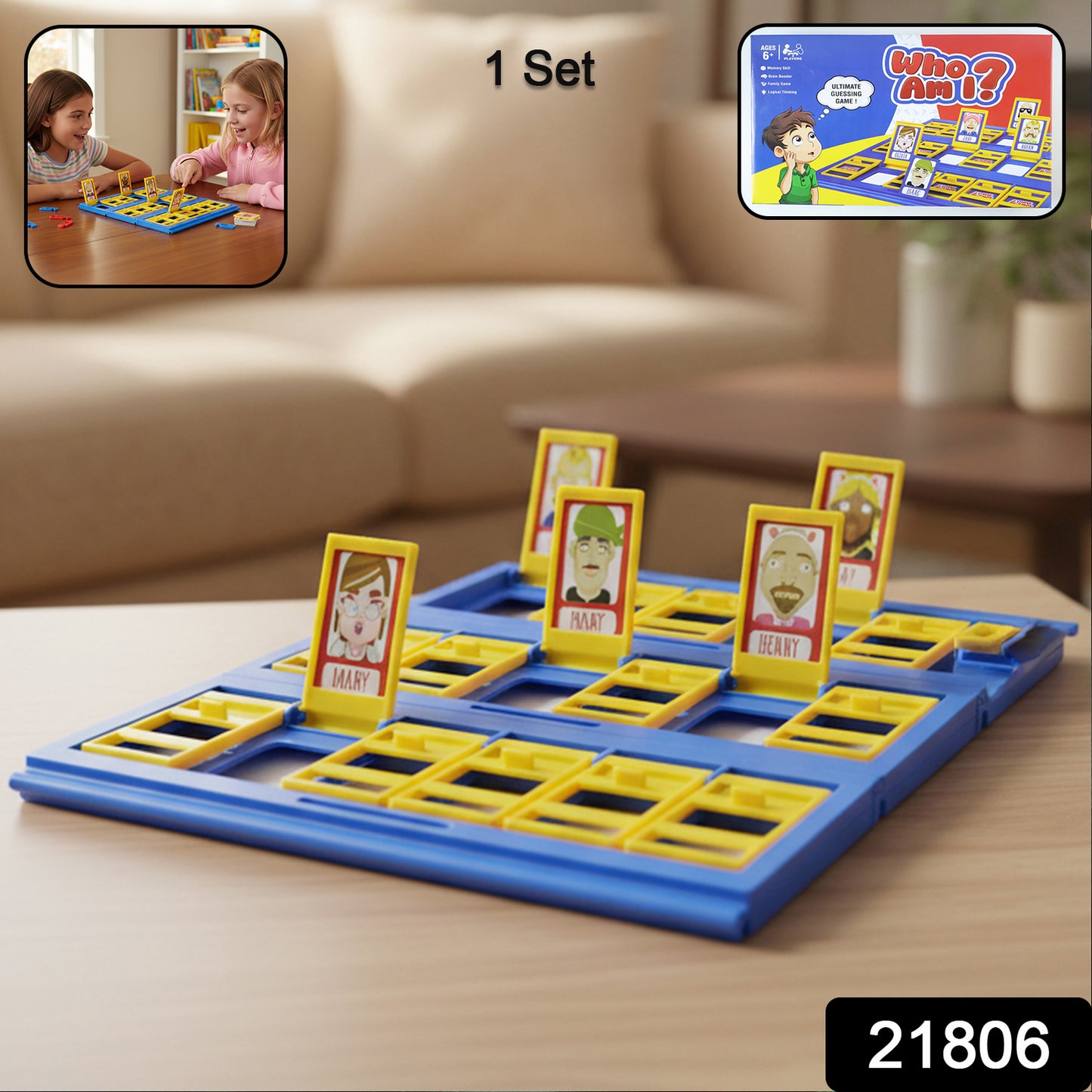 Wukusy Who Am I guessing board game for kids, featuring colorful game cards and character markers on a playful game board.