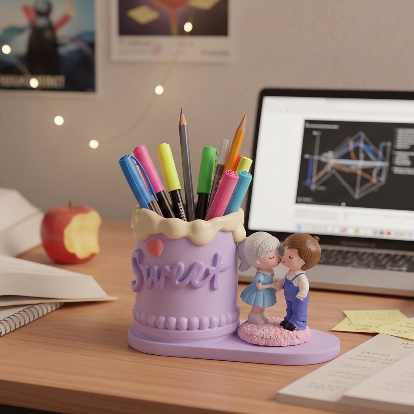 Cute resin Sweet Couple pen holder stand by Wukusy, desk organizer with a romantic couple design for pencils and stationery.