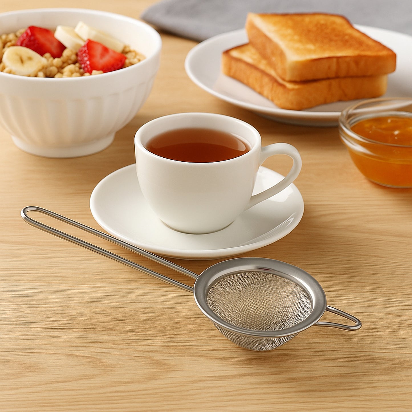 Wukusy Supermom Slim stainless steel strainer for kitchen use, featuring a fine mesh for efficient sifting and filtering.
