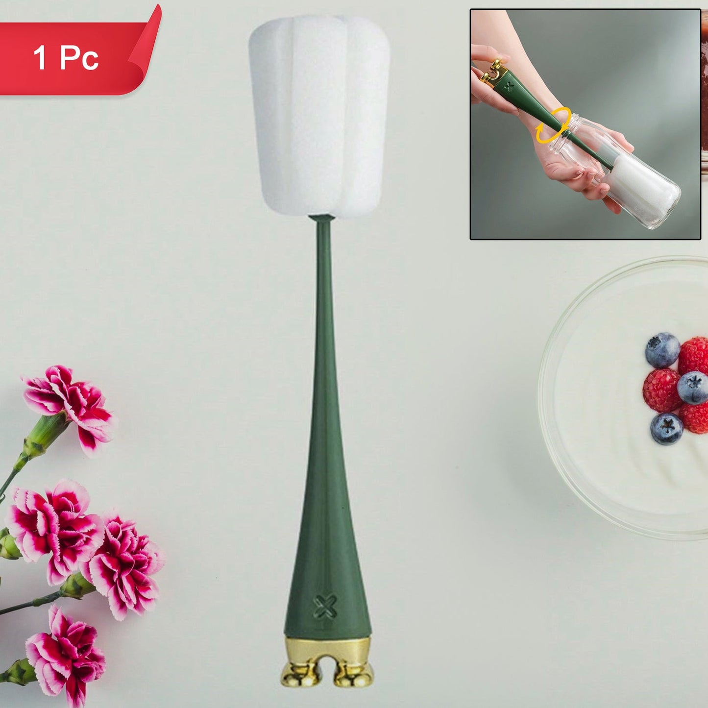 Wukusy multifunctional silicone bottle cleaning foam brush with a long plastic handle for thorough cleaning of bottles and narrow containers.
