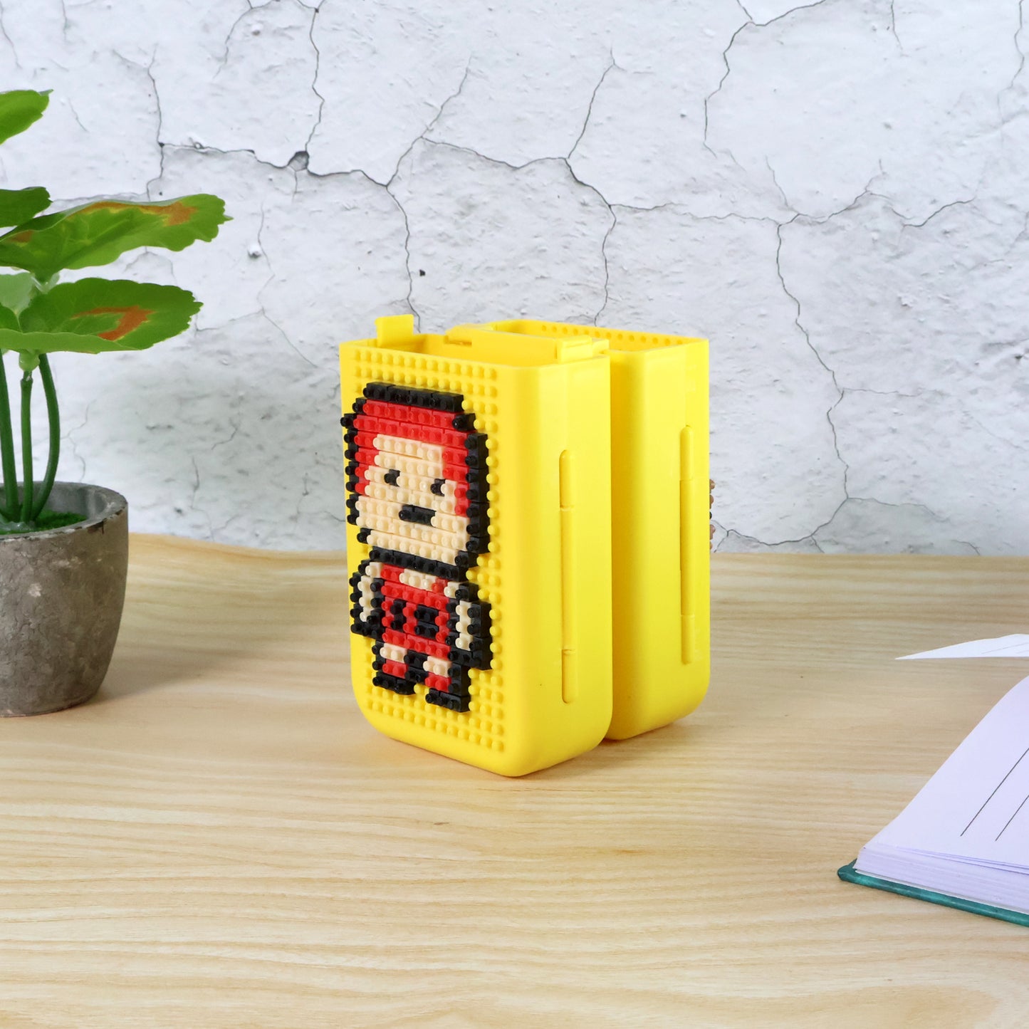 Wukusy DIY pixel art pen stand with building block set, office decor organizer featuring colorful interlocking blocks.