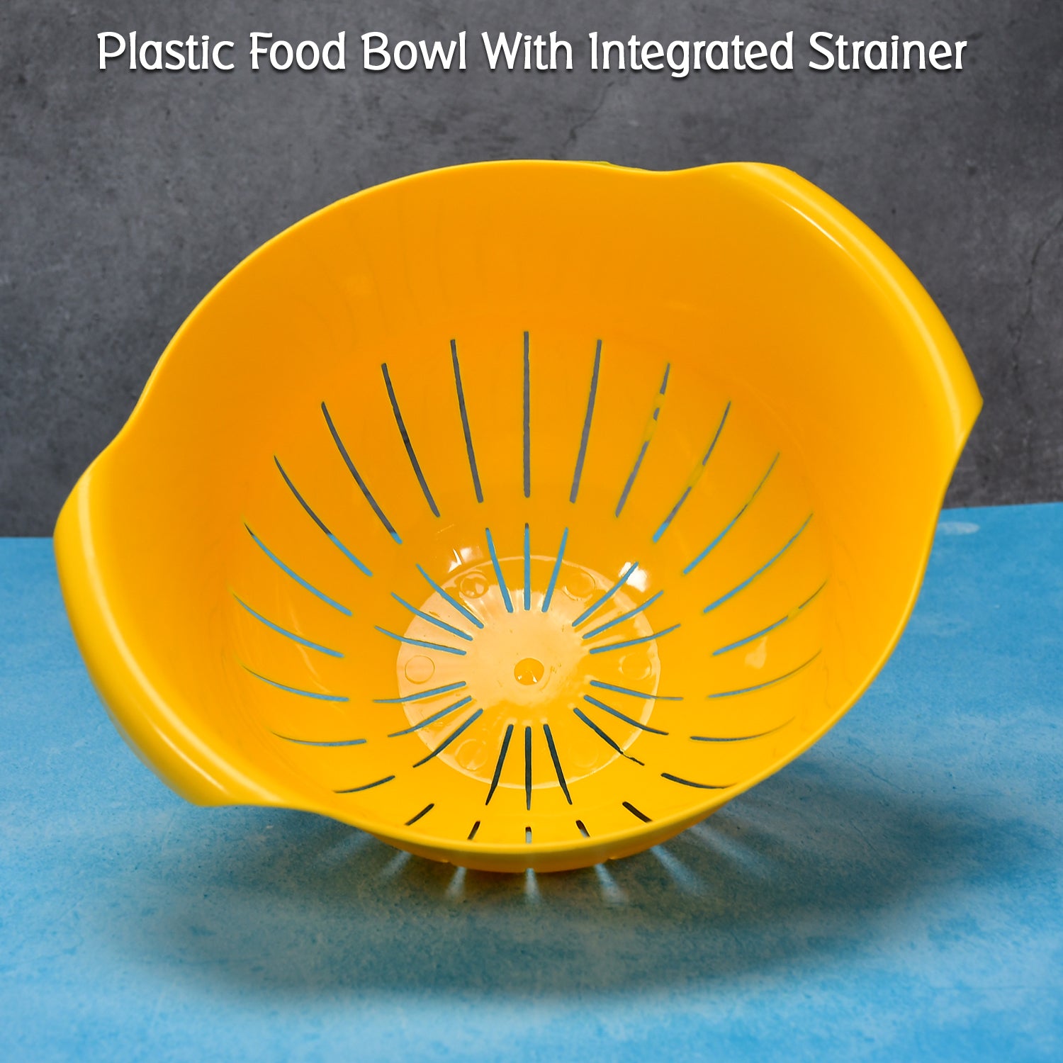 Wukusy plastic bowl with strainer for washing fruits, vegetables, noodles, and pasta, featuring a sturdy design and multi-functional use
