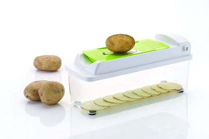 Wukusy 13-in-1 plastic manual vegetable grater, chopper, and slicer with multiple blades for versatile food prep.
