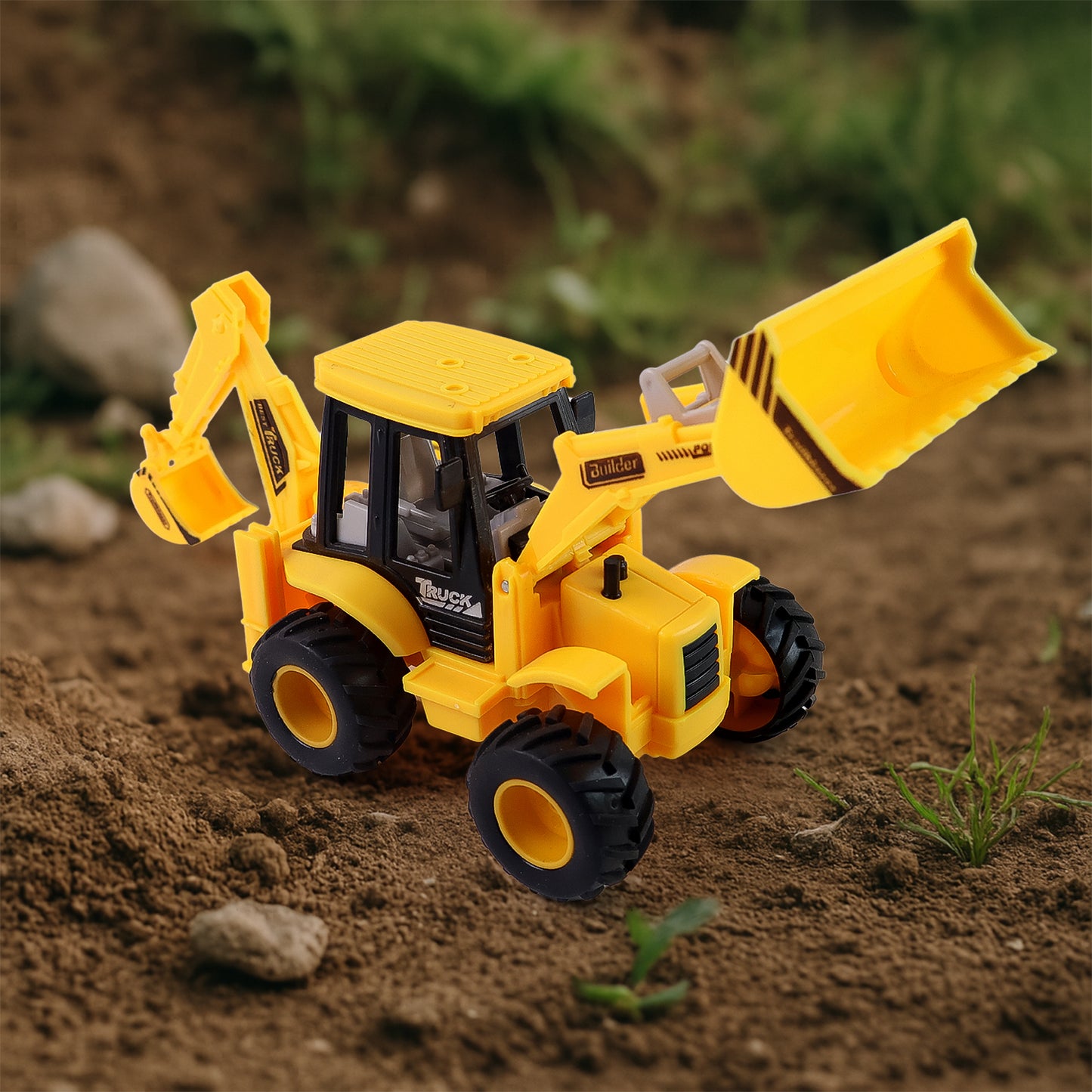 Wukusy Lala Friction Powered JCB Style Backhoe Loader Construction Toy Truck for kids, detailed plastic construction toy in orange and black