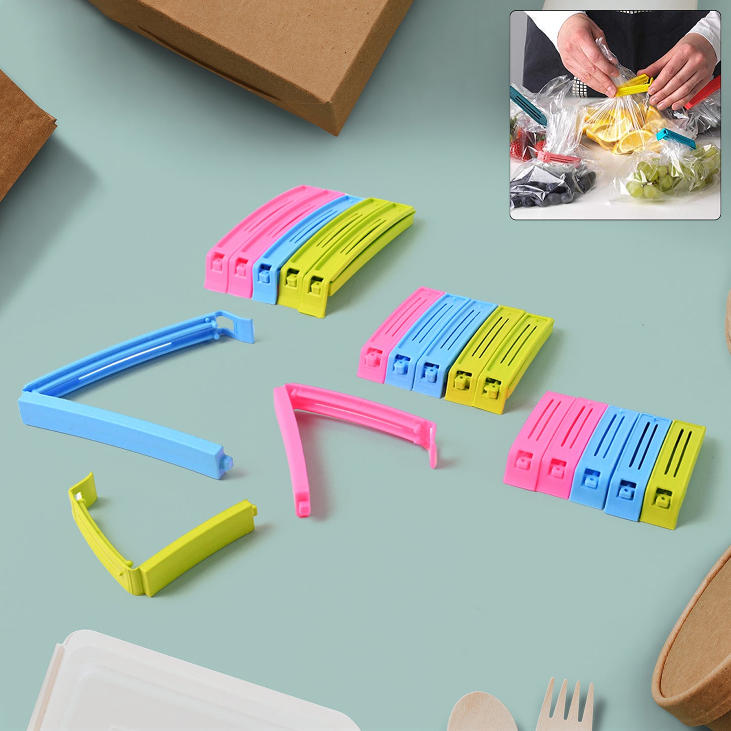 Wukusy multipurpose plastic pouch sealer clips, set of 18, for sealing food storage bags in home and kitchen use.