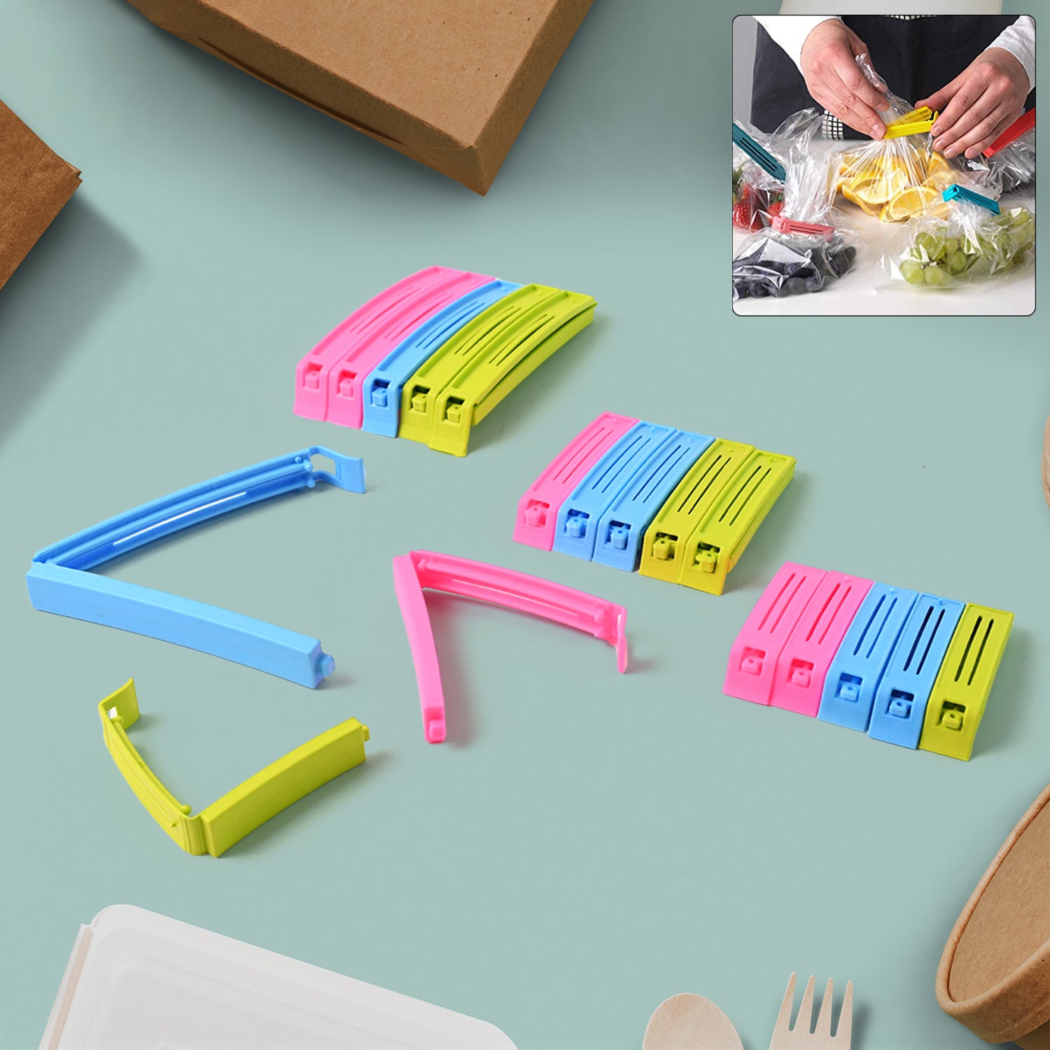 Wukusy multipurpose plastic pouch sealer clips, set of 18, for sealing food storage bags in home and kitchen use.